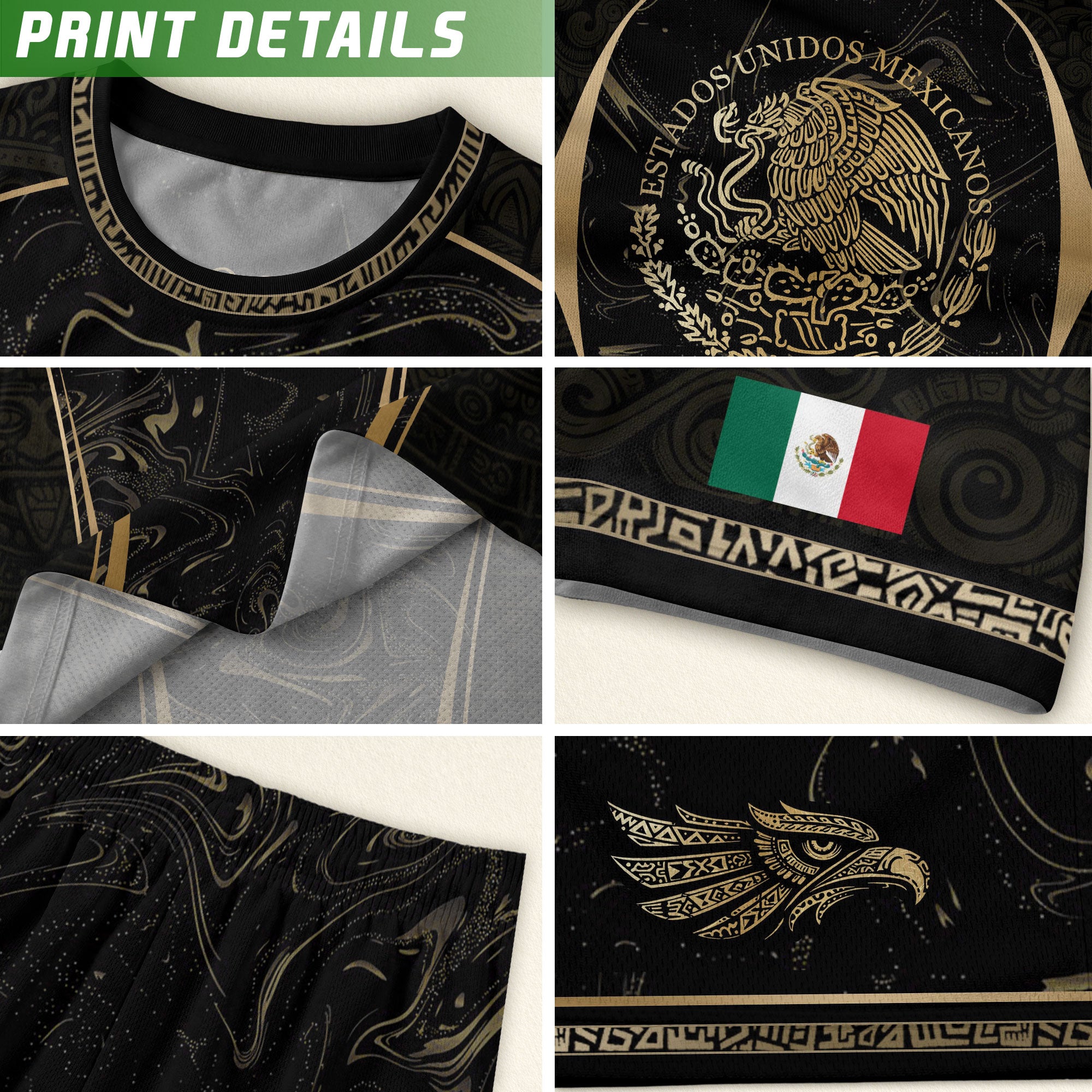 Mexico Coat of Arms Black Gold Aztec Eagle Warrior Heritage Soccer Jersey