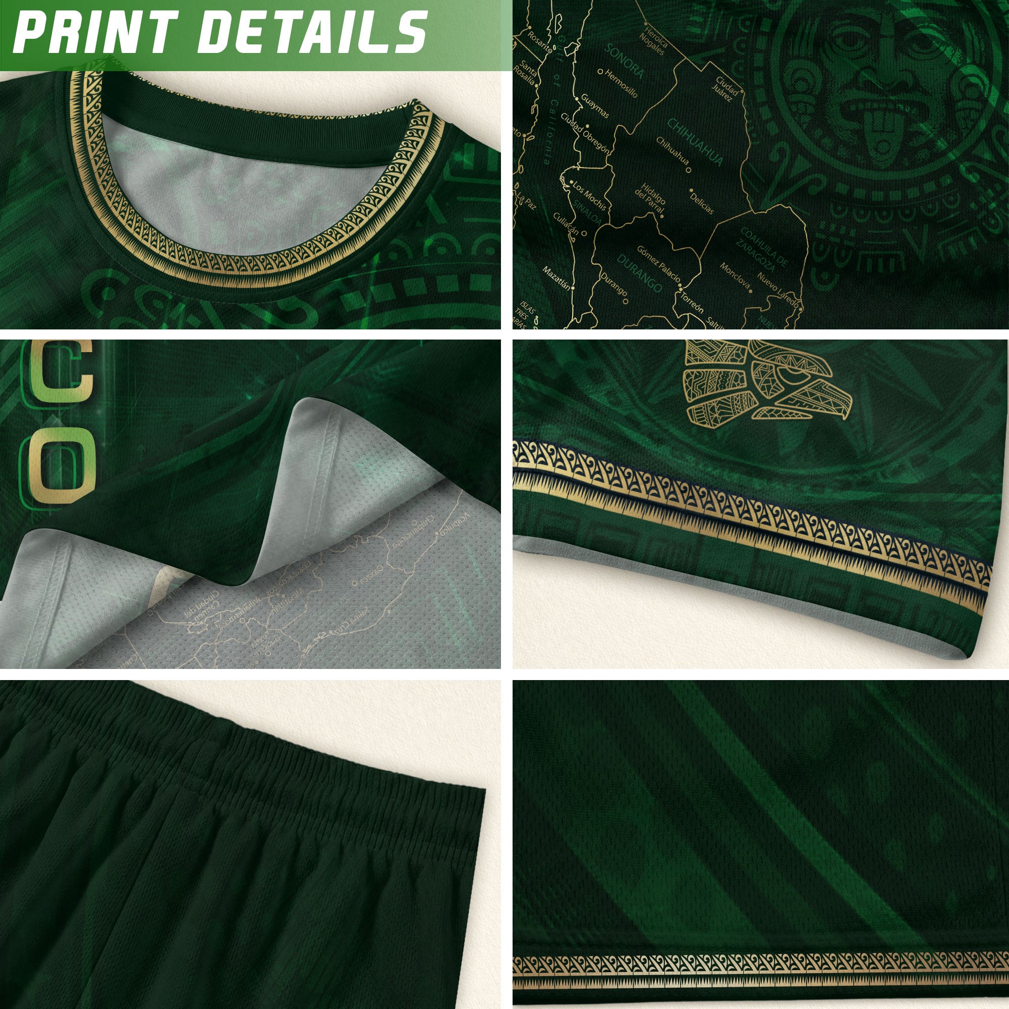 Mexico Heritage Orgullo Mexicano Green Gold Detailed Country Map Aztec Calendar Soccer Jersey