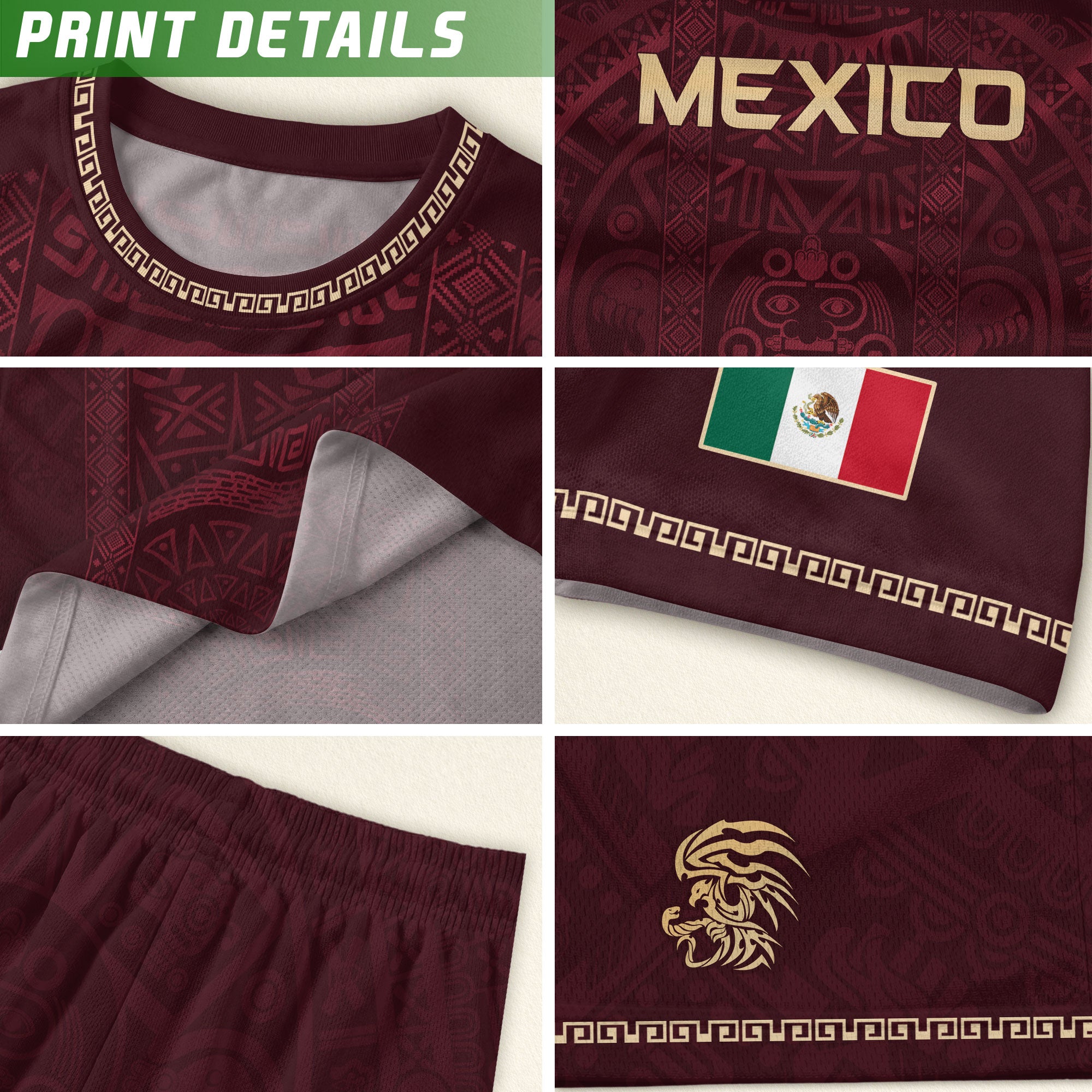 Mexico Heritage Orgullo Mexicano Maroon Burgundy Aztec Calendar Sun Stone Soccer Jersey