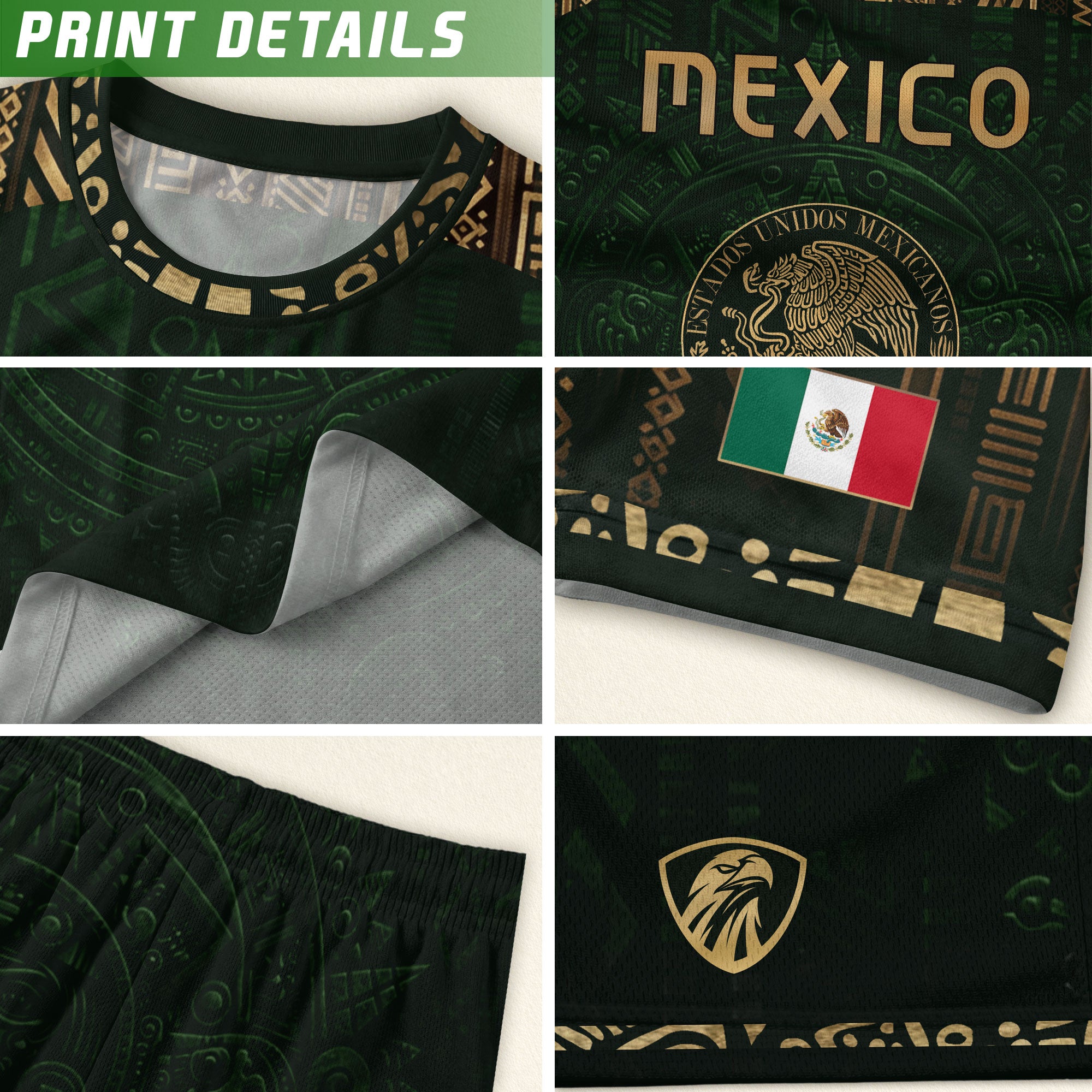 Camiseta de fútbol premium con emblema de águila azteca verde y dorado de México