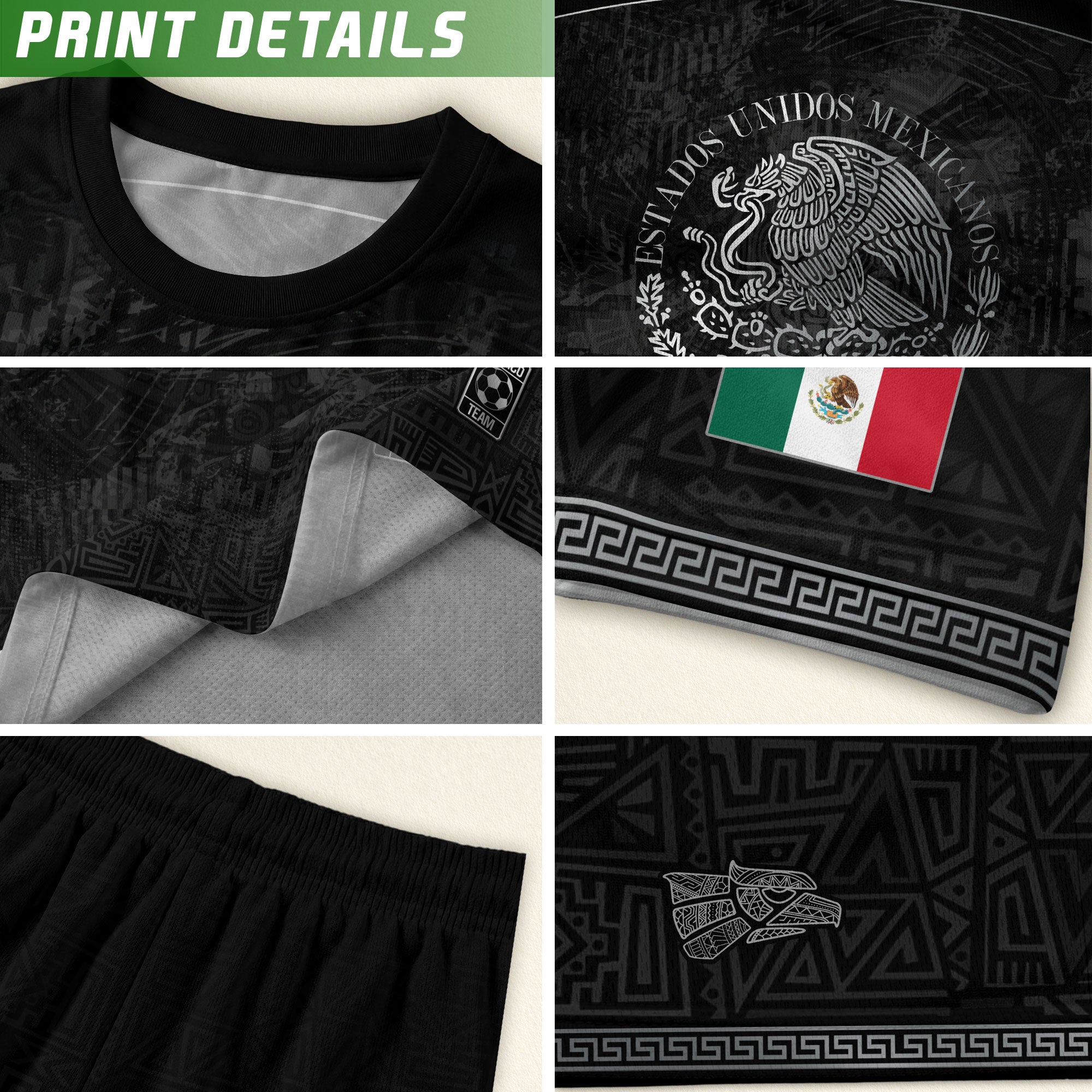 Mexico Heritage Black Silver Distressed Style Aztec Empire Pride Graphic Soccer Jersey