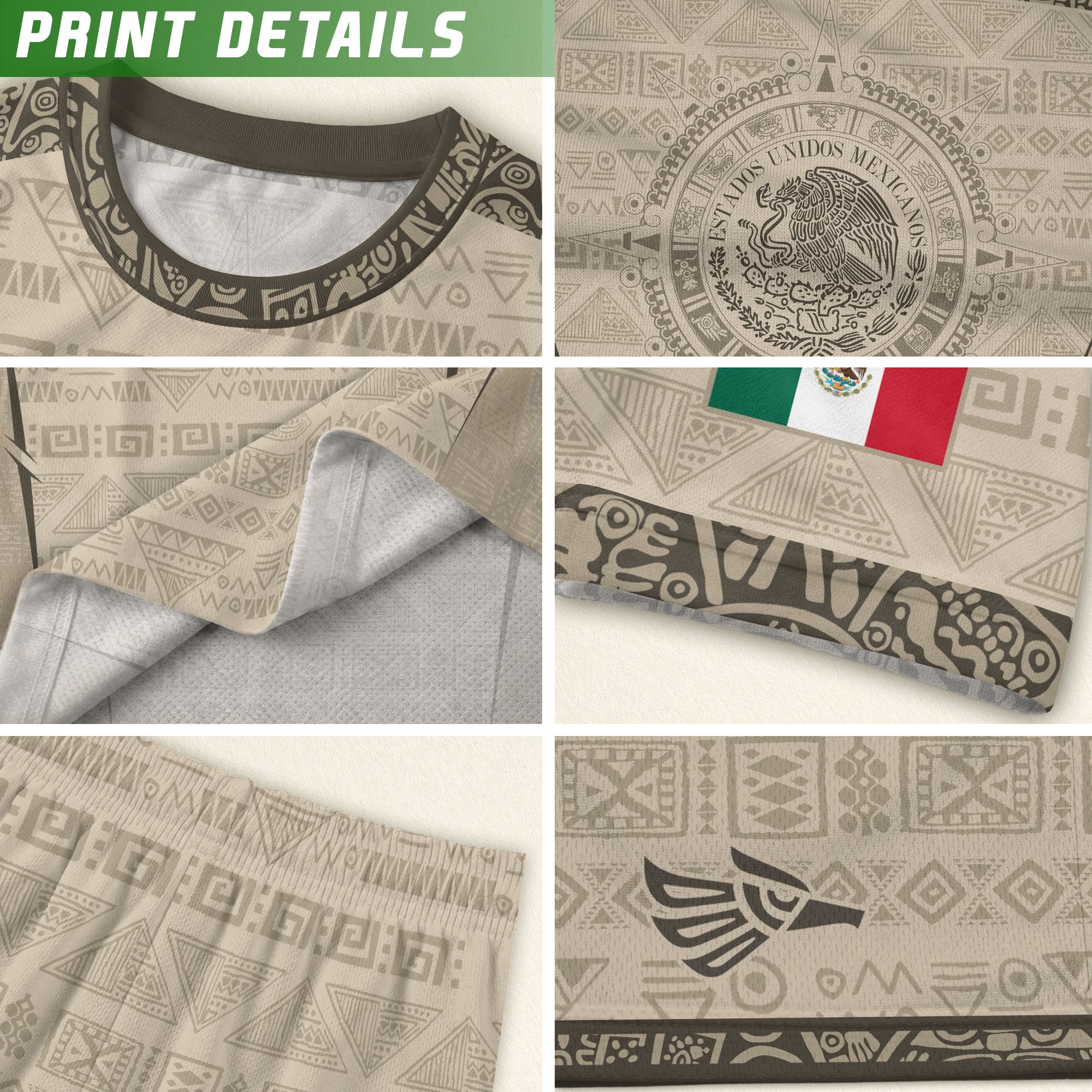 Mexico Coat of Arms Beige Aztec Mayan Tribal Geometric Pattern Heritage Soccer Jersey