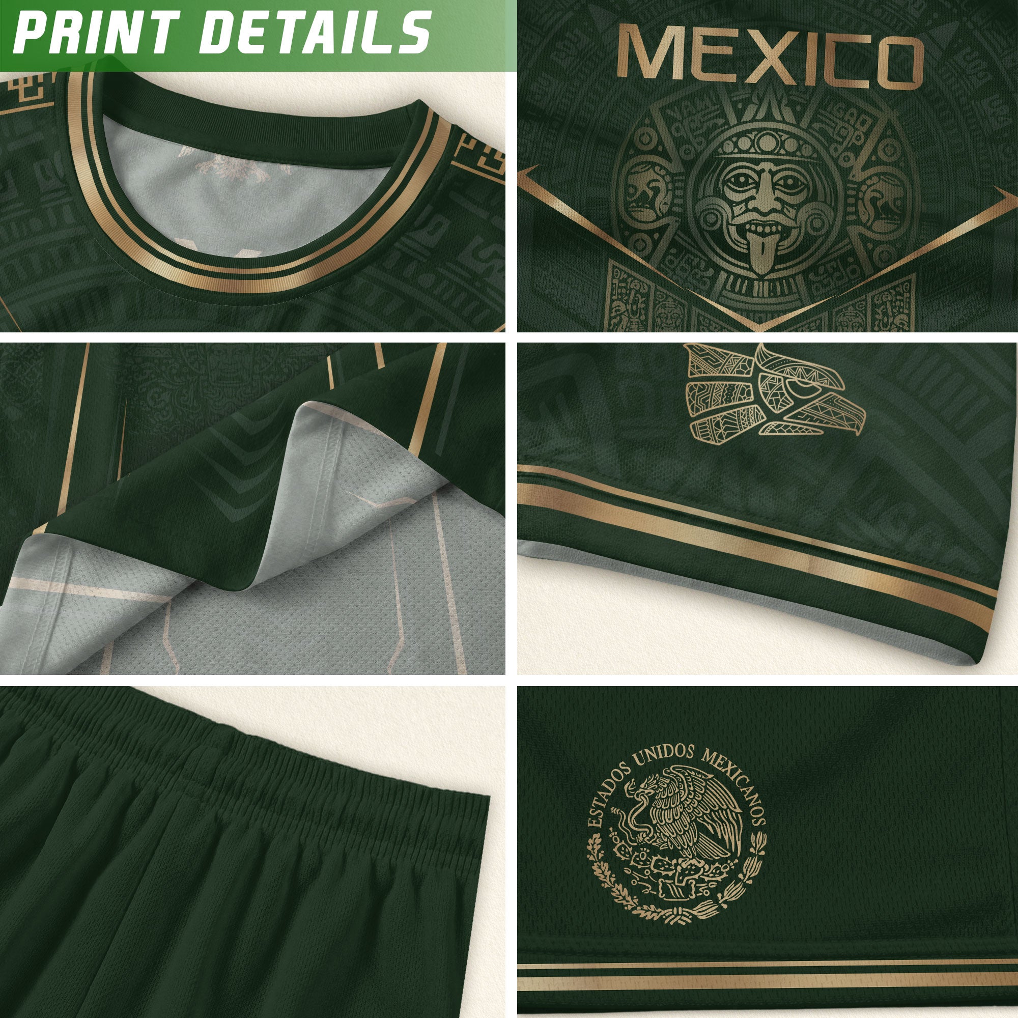Camiseta de fútbol premium con emblema de águila azteca verde y dorado de México