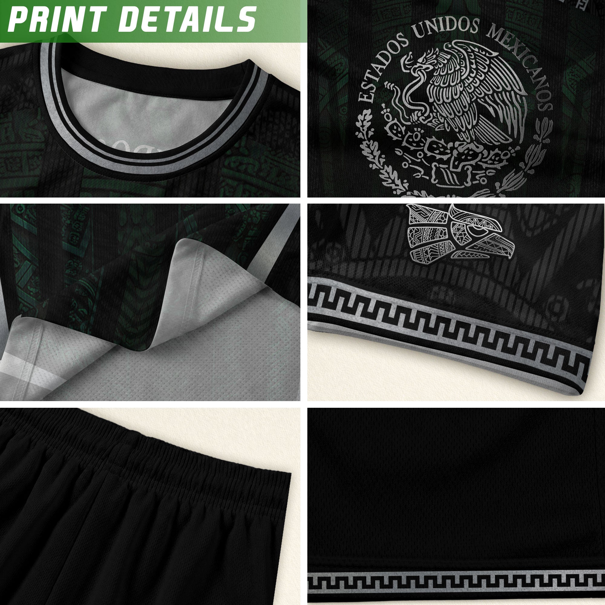 Camiseta de fútbol premium con emblema de águila azteca verde y dorado de México