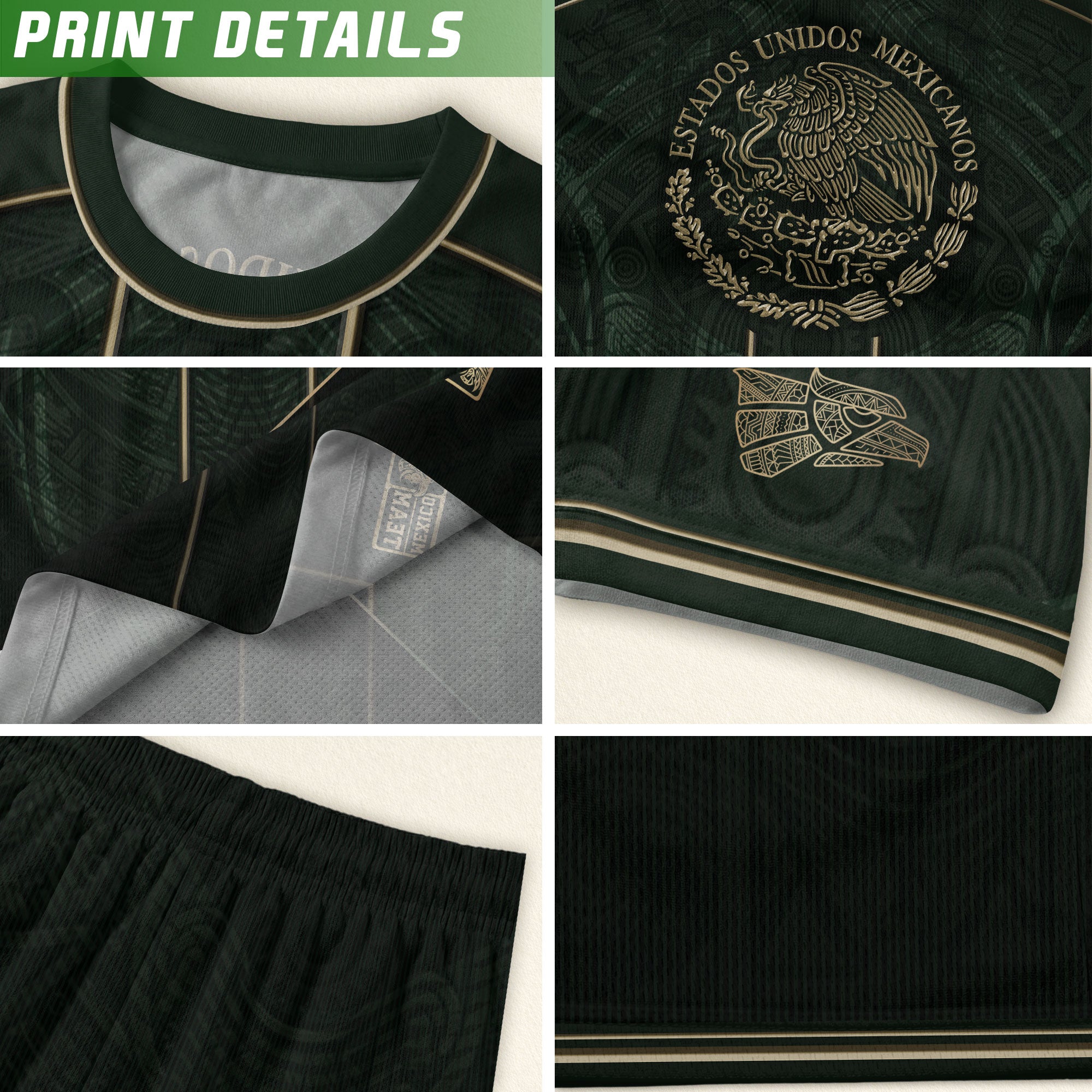 Camiseta de fútbol premium con emblema de águila azteca verde y dorado de México