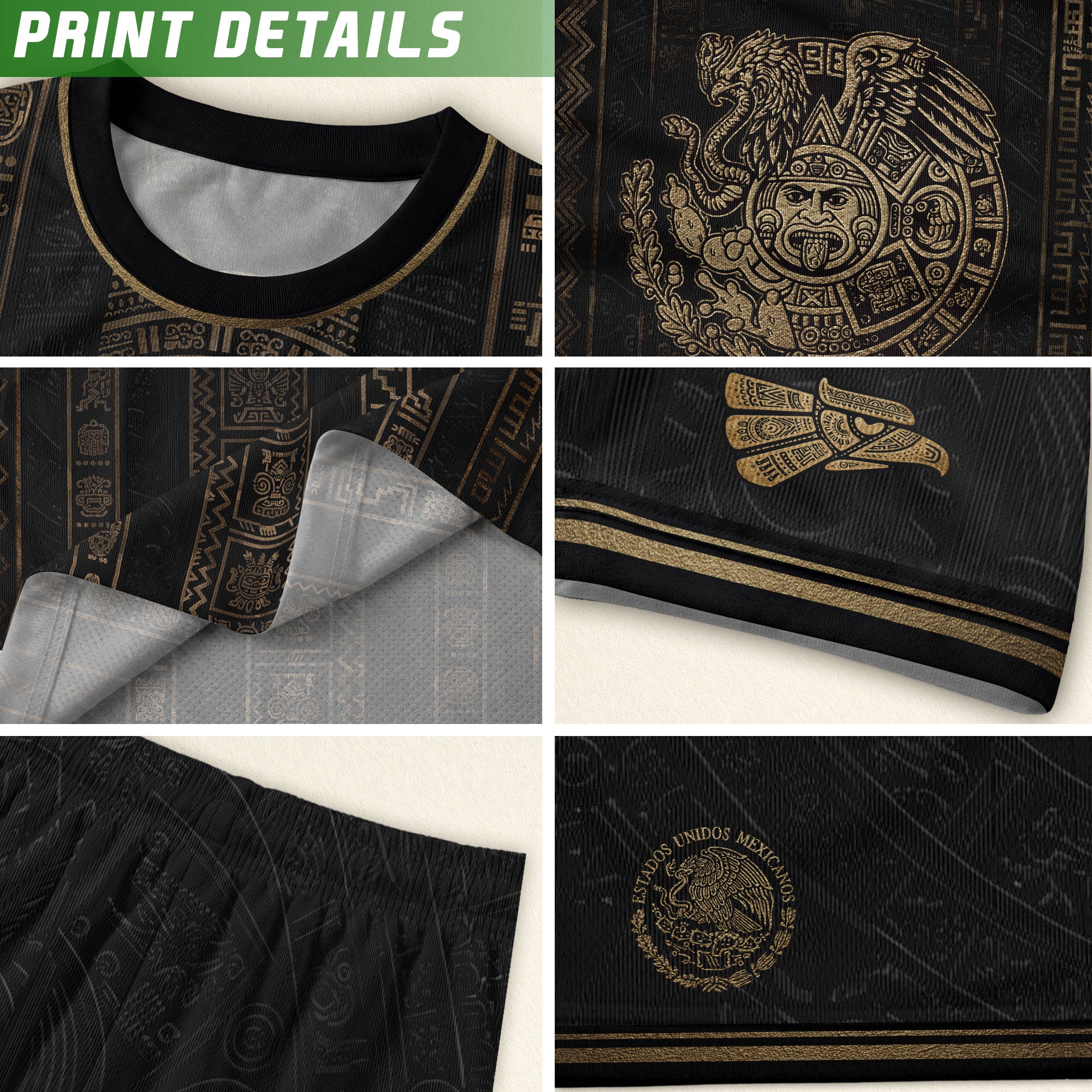 Camiseta de fútbol premium con emblema de águila azteca verde y dorado de México