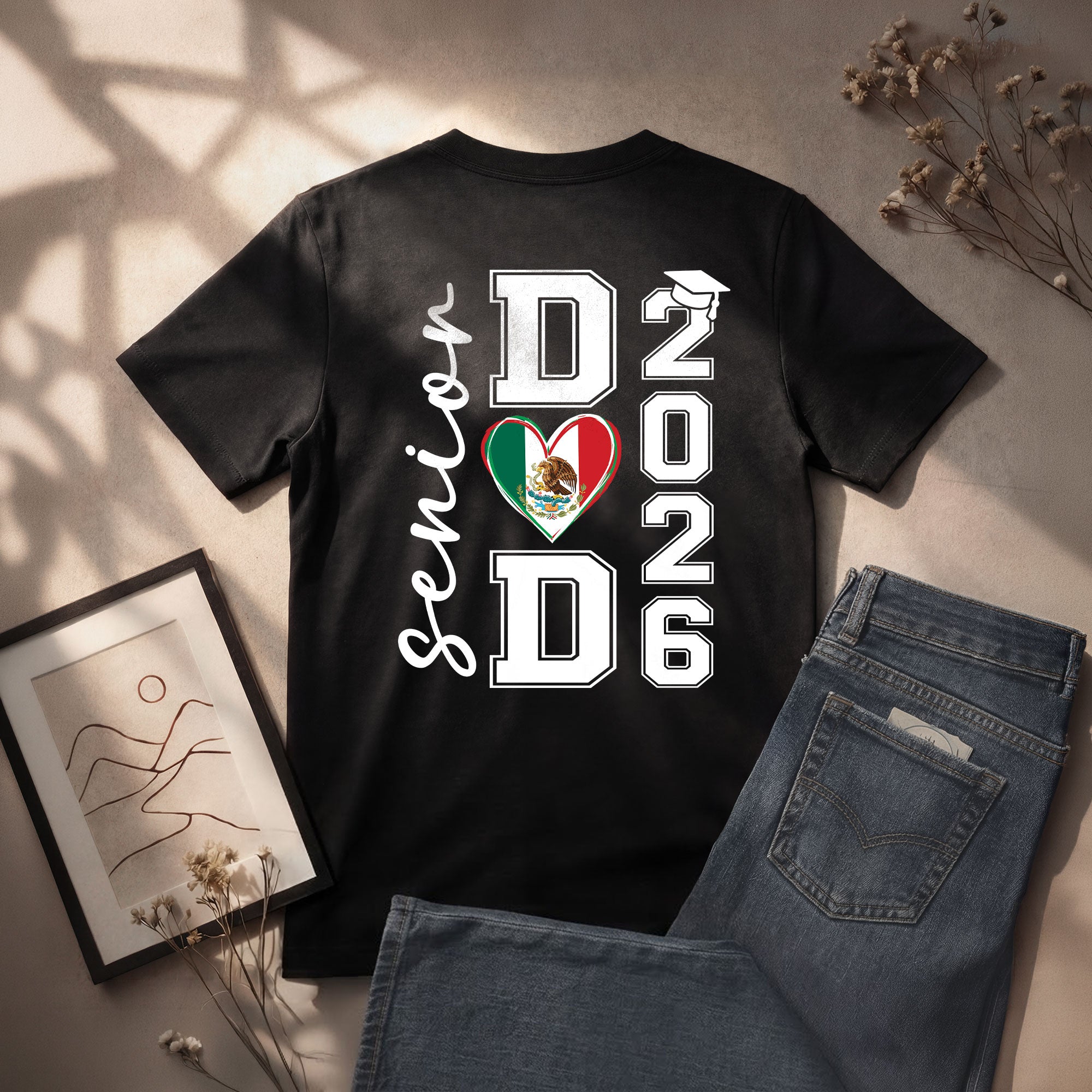 Senior Family Class of 2026 Black T-Shirt - Mexico Flag Heart Graduation Gift Tee