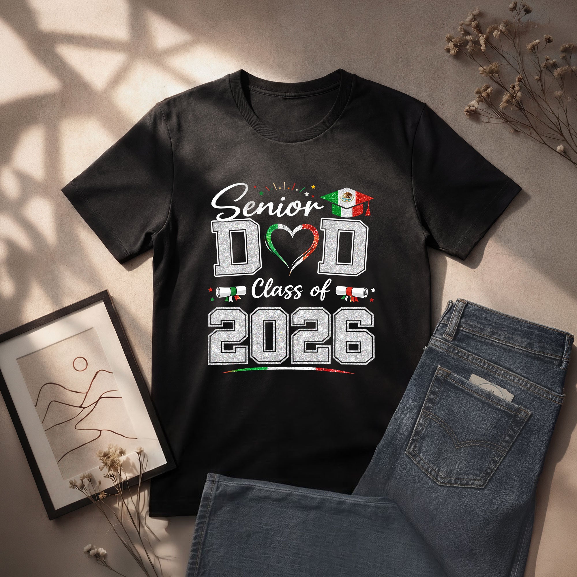 Senior Family 2026 Mexico Flag Shirt - Proud Mexican Graduate Silver Glitter Tee