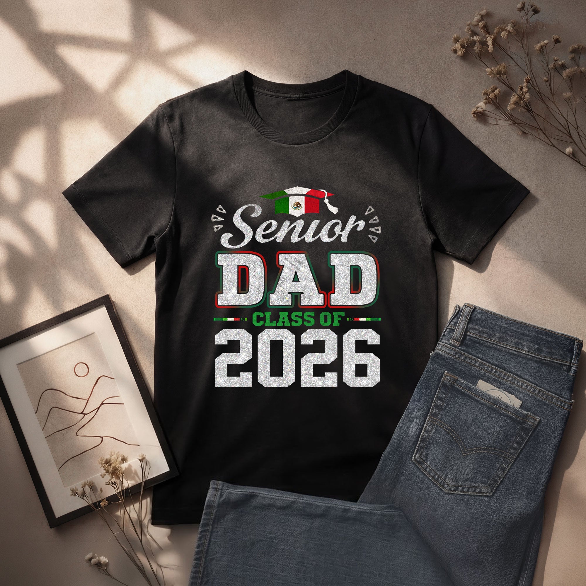 Senior Family 2026 Mexico Flag Varsity Shirt - Proud Mexican Silver Glitter Graduation Tee..
