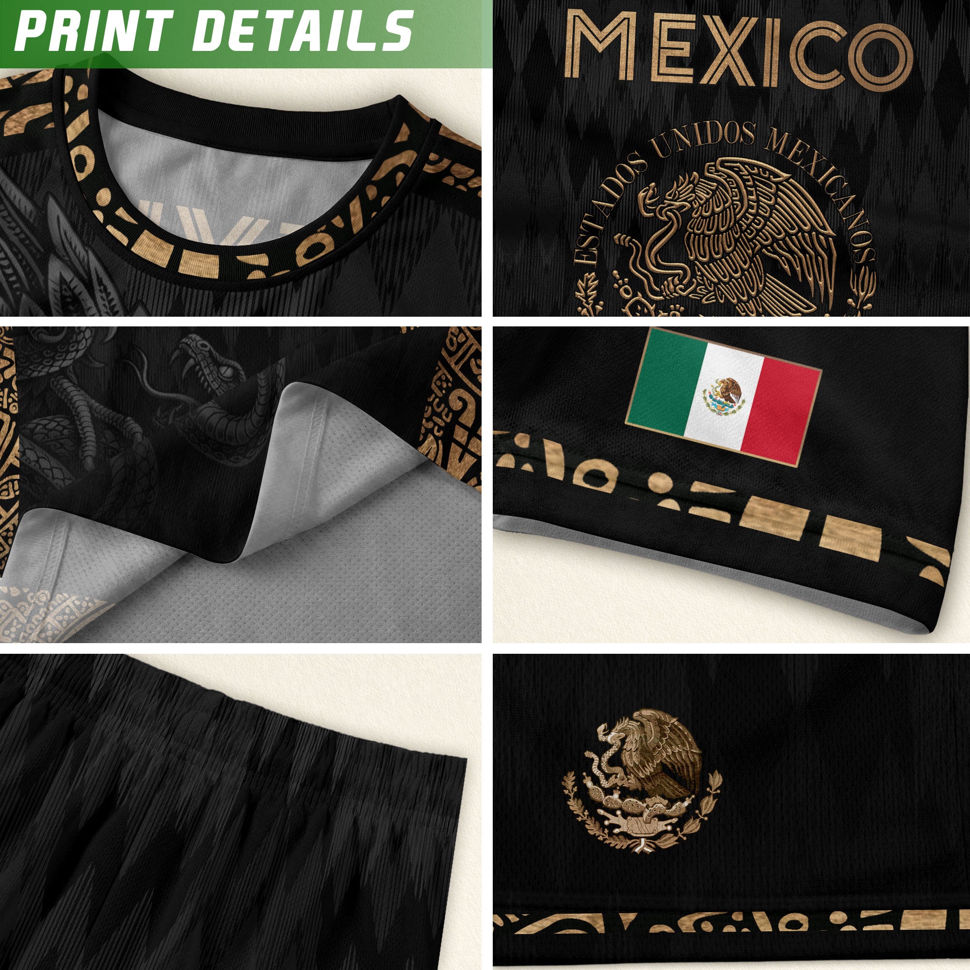 Camiseta de fútbol premium con emblema de águila azteca verde y dorado de México