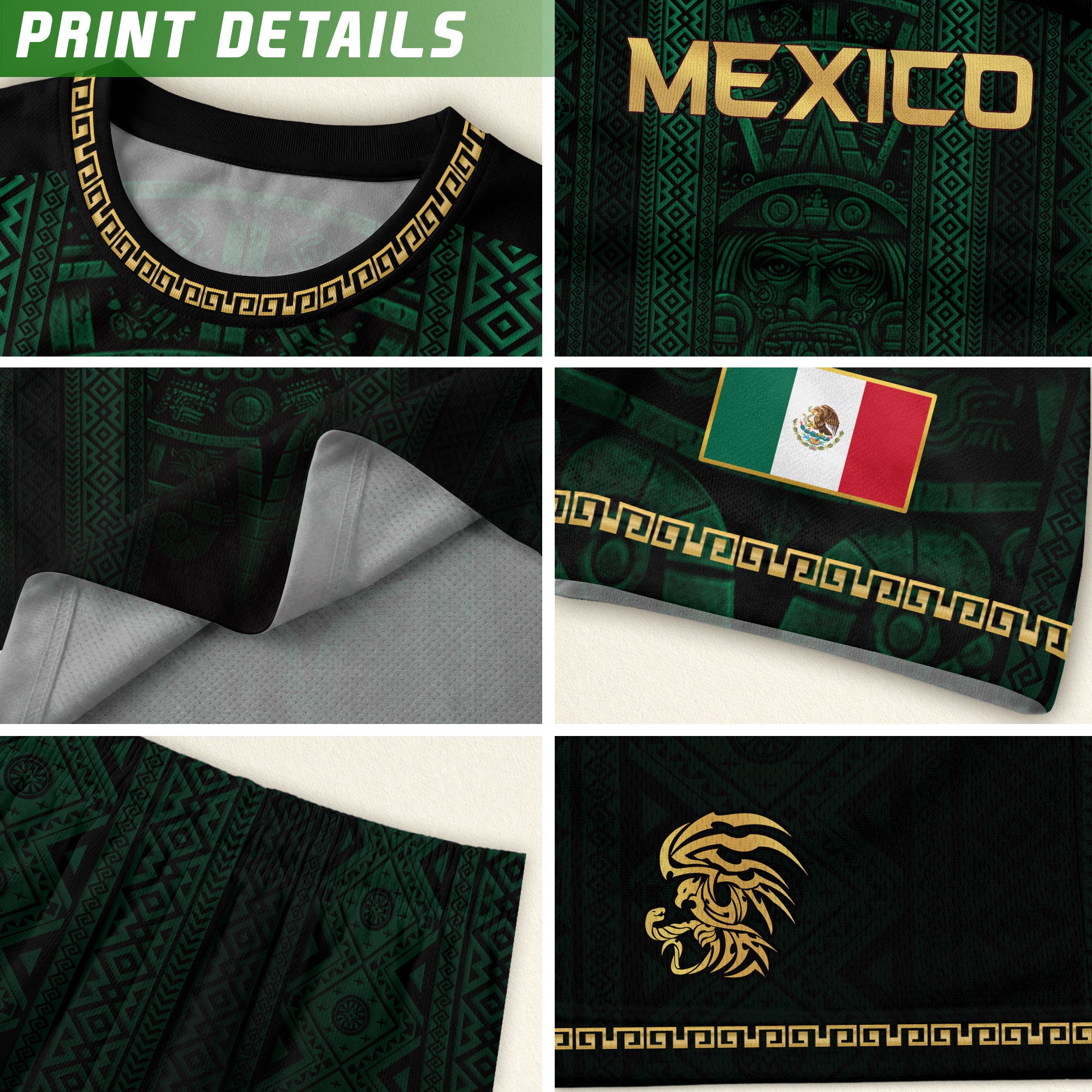 Camiseta de fútbol premium con emblema de águila azteca verde y dorado de México