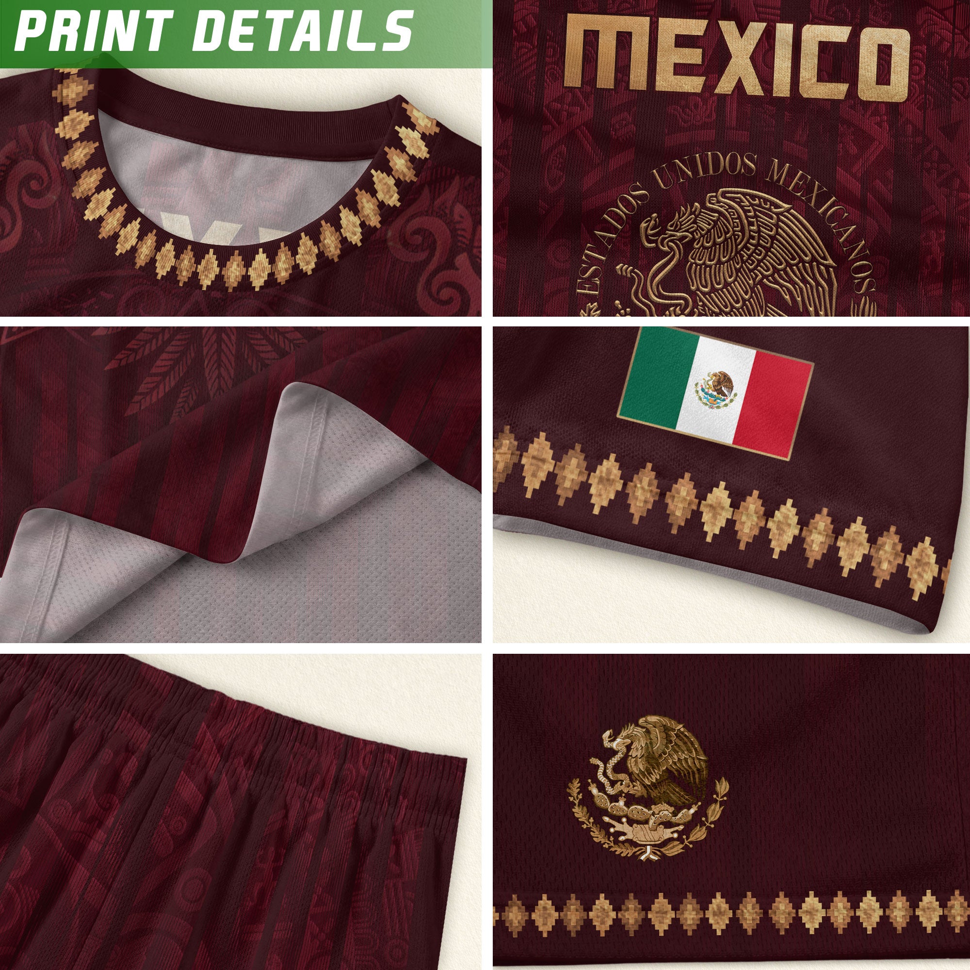 Camiseta de fútbol premium con emblema de águila azteca verde y dorado de México