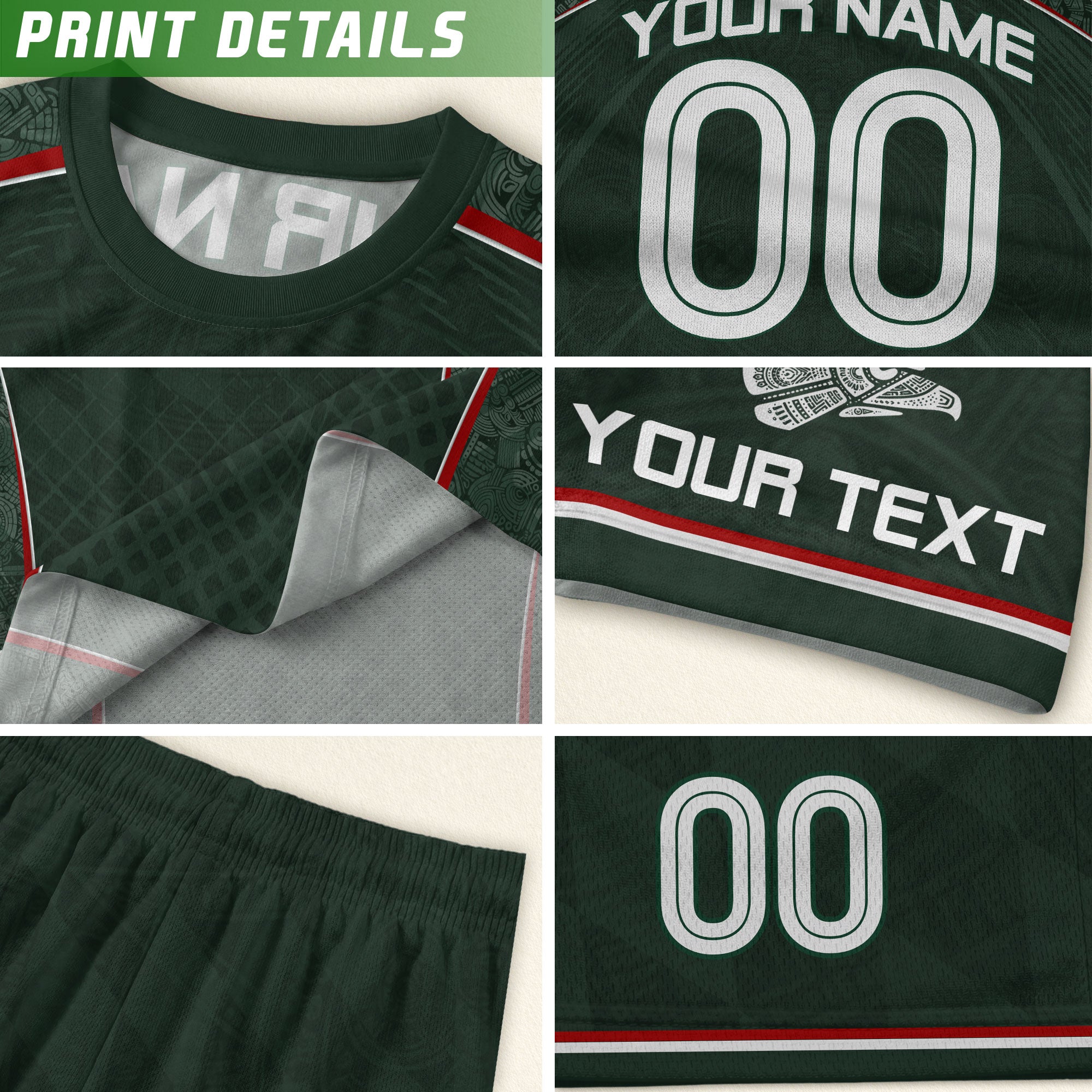 Camiseta de fútbol premium con emblema de águila azteca verde y dorado de México