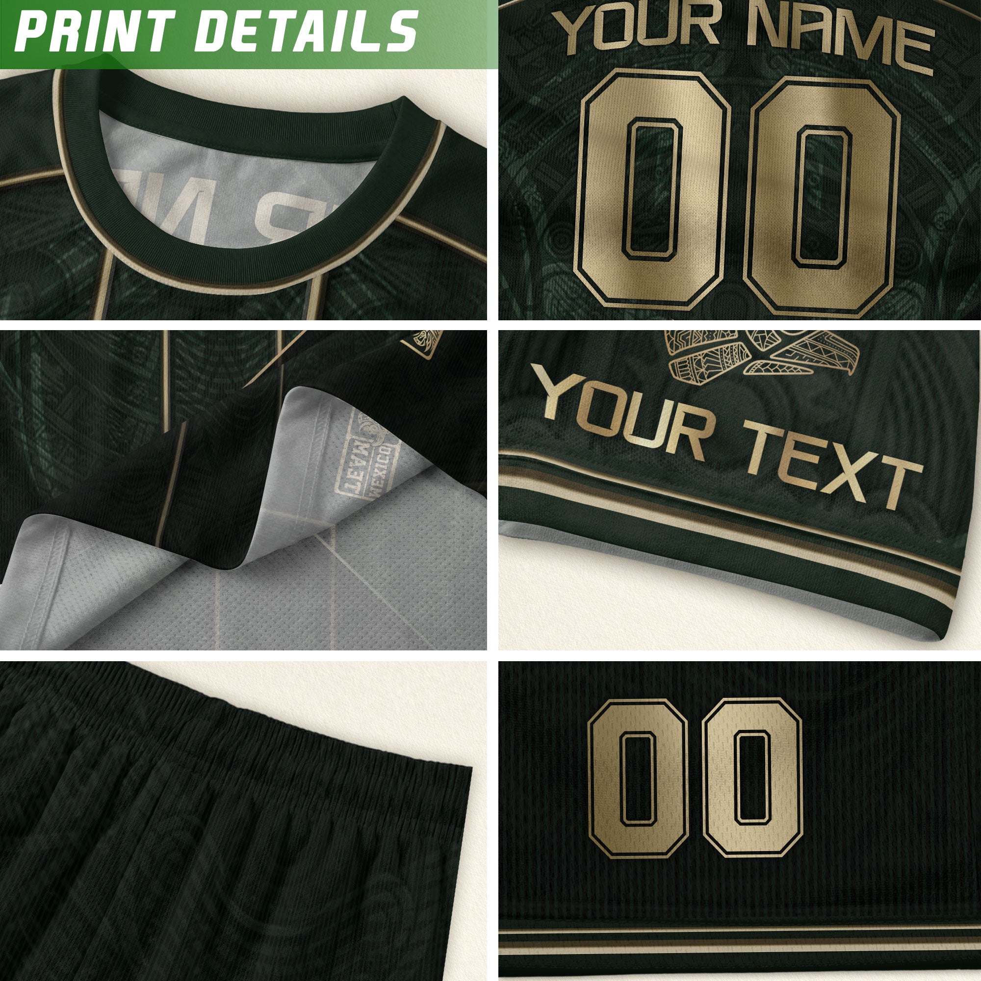 Camiseta de fútbol premium con emblema de águila azteca verde y dorado de México