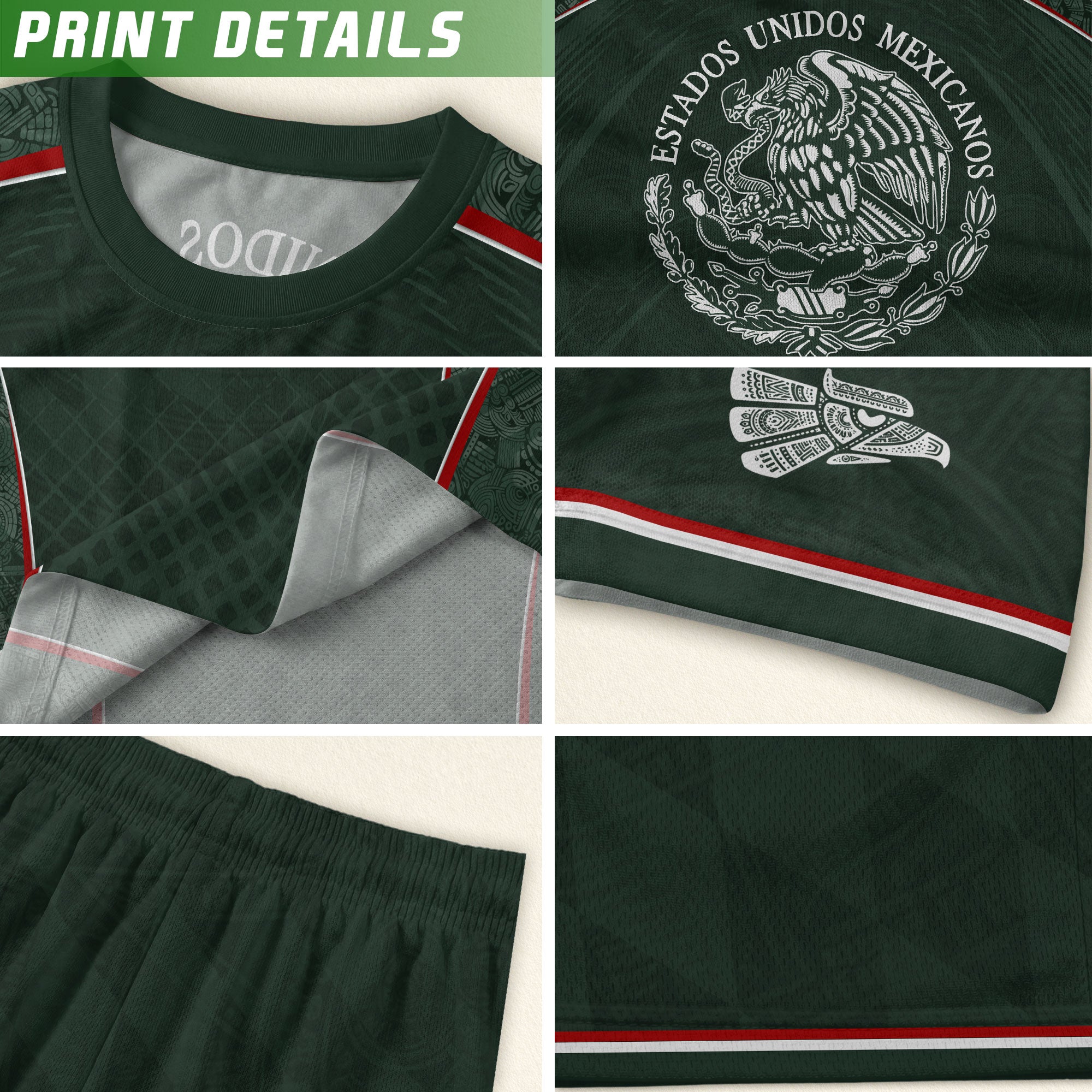 Camiseta de fútbol premium con emblema de águila azteca verde y dorado de México