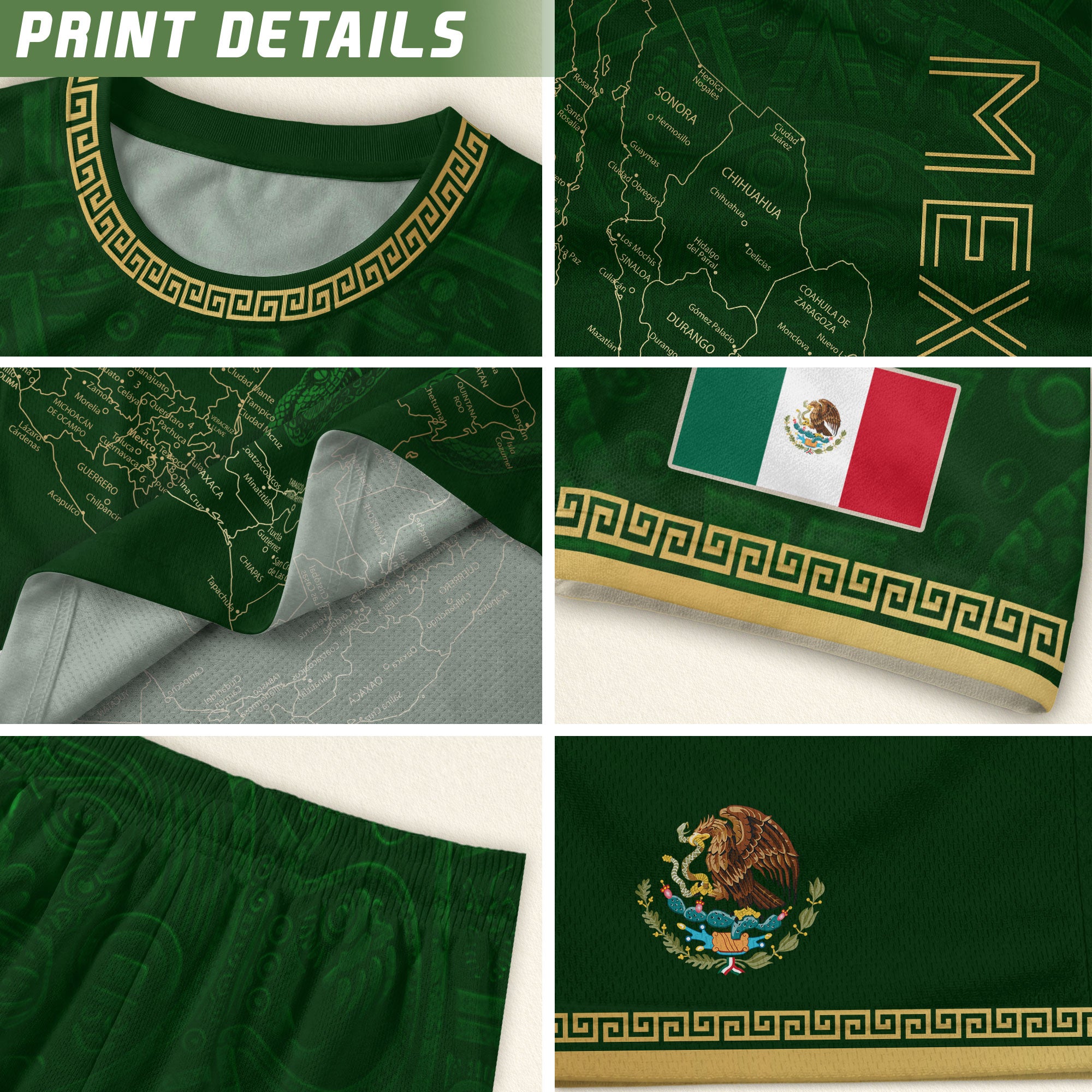 Camiseta de fútbol premium con emblema de águila azteca verde y dorado de México