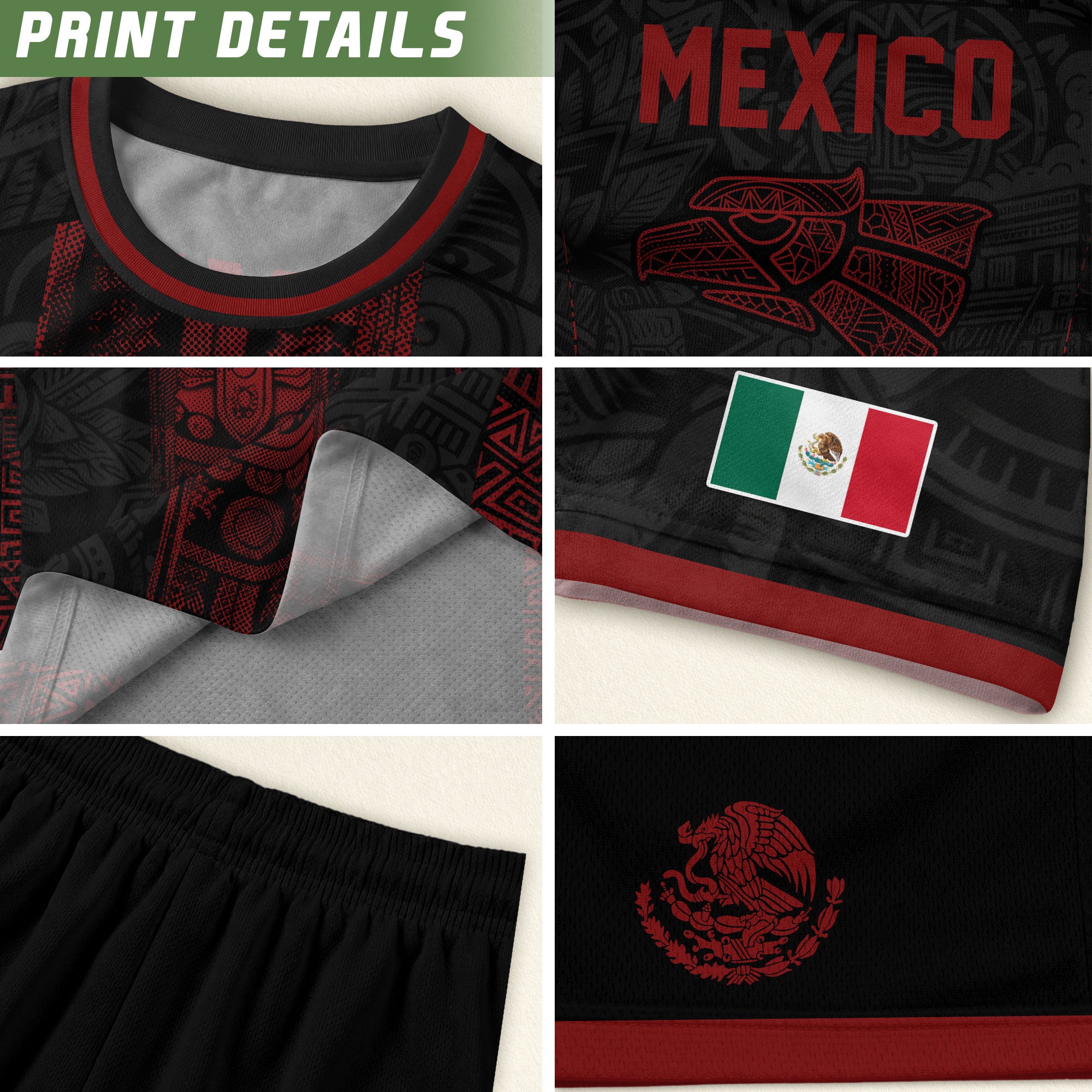 Mexico Soccer Jersey Men Black Red Aztec Cross Warrior Mexican Football Shirt