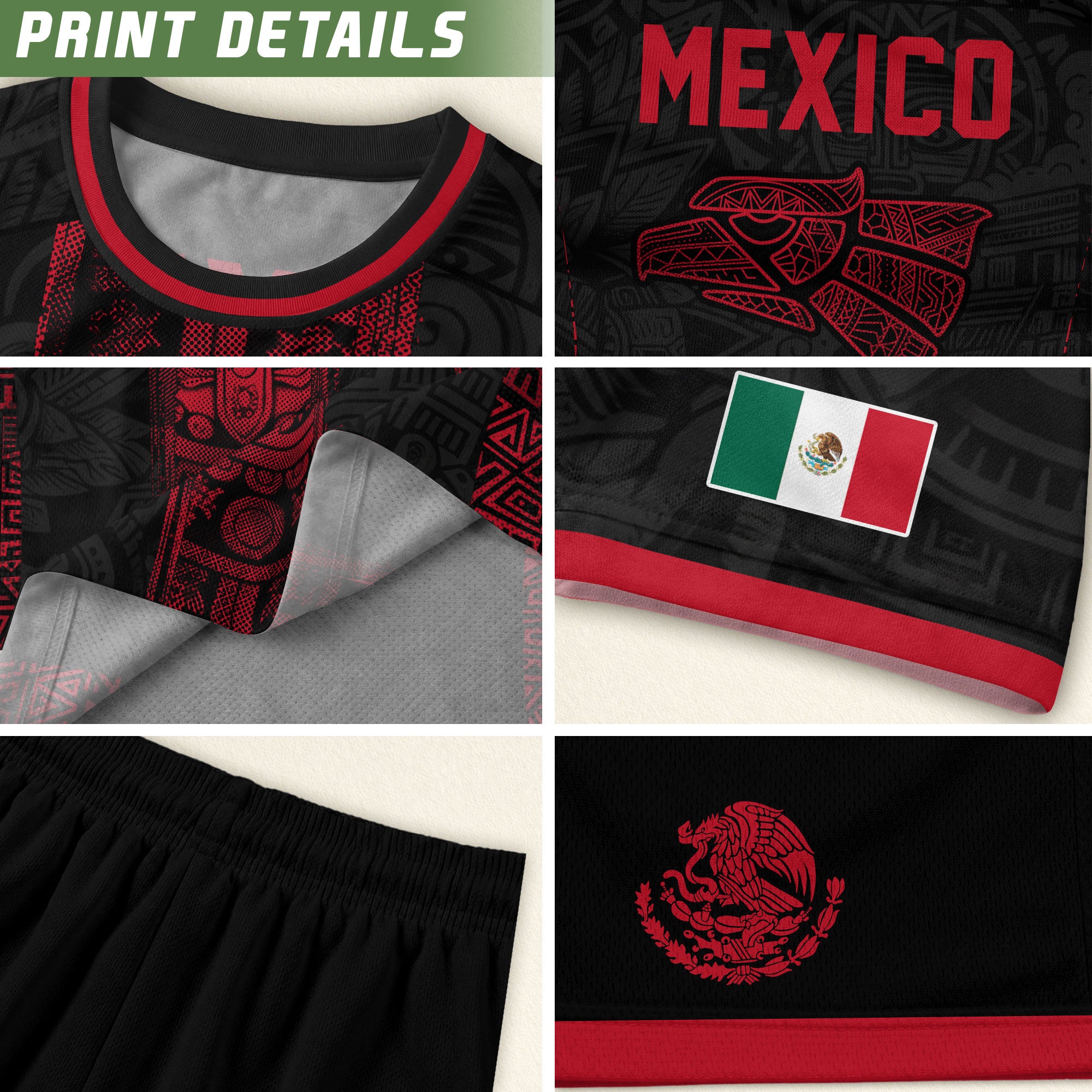 Mexico Soccer Jersey Men Black Red Aztec Cross Warrior Mexican Football Shirt