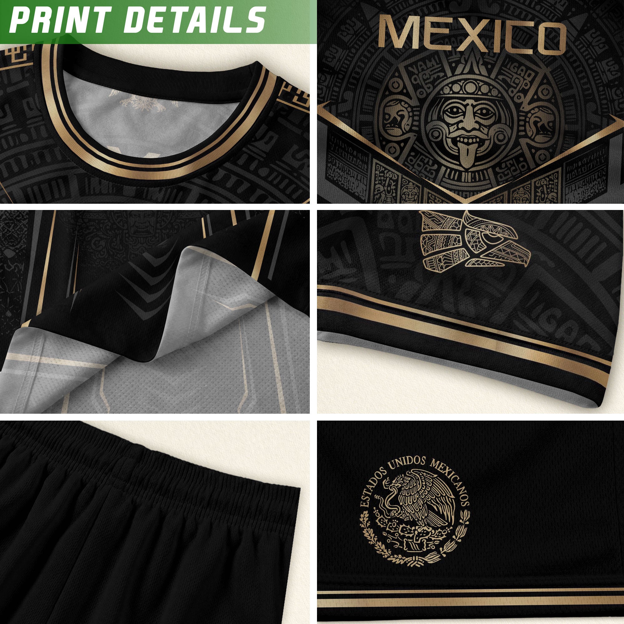 Camiseta de fútbol premium con emblema de águila azteca verde y dorado de México