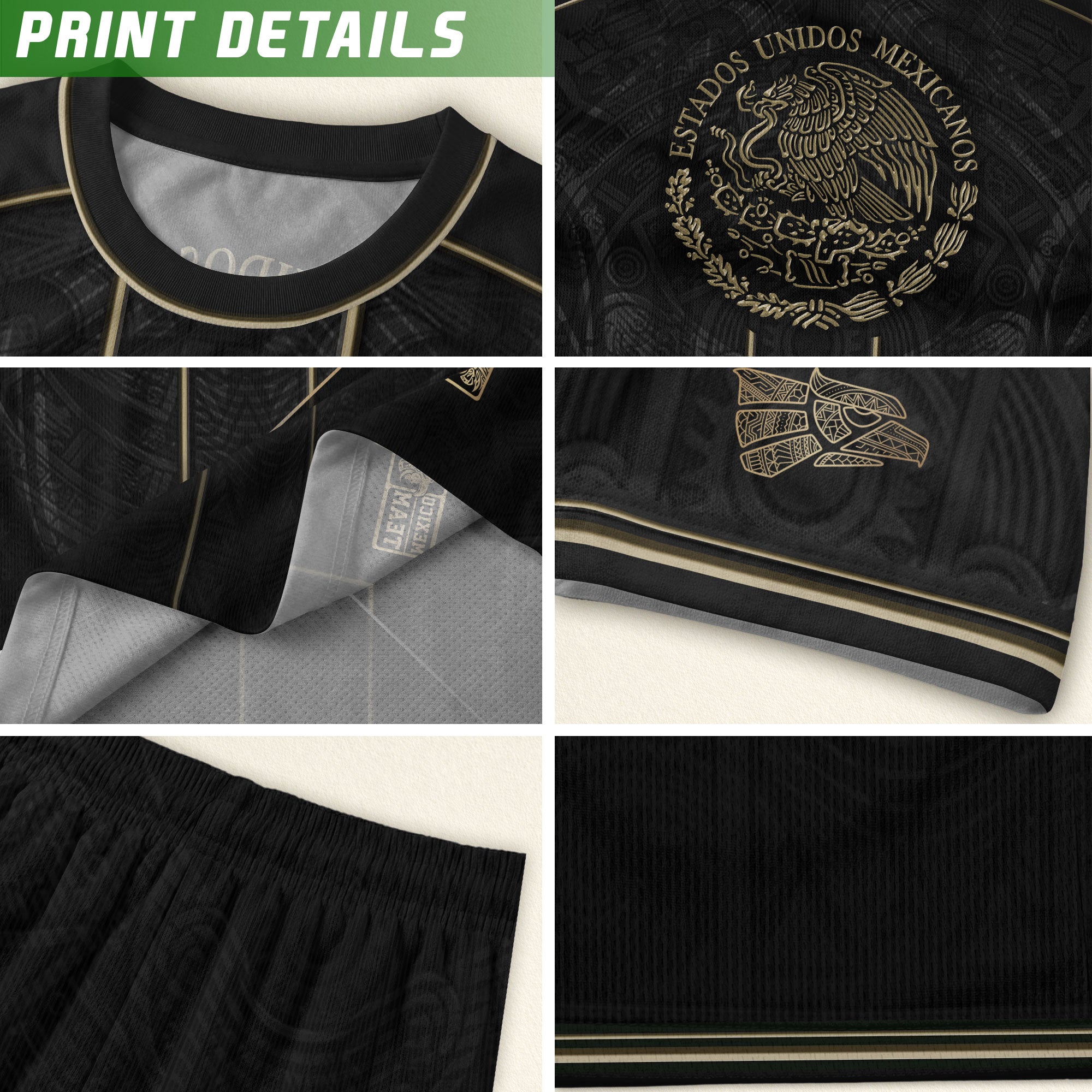 Camiseta de fútbol premium con emblema de águila azteca verde y dorado de México