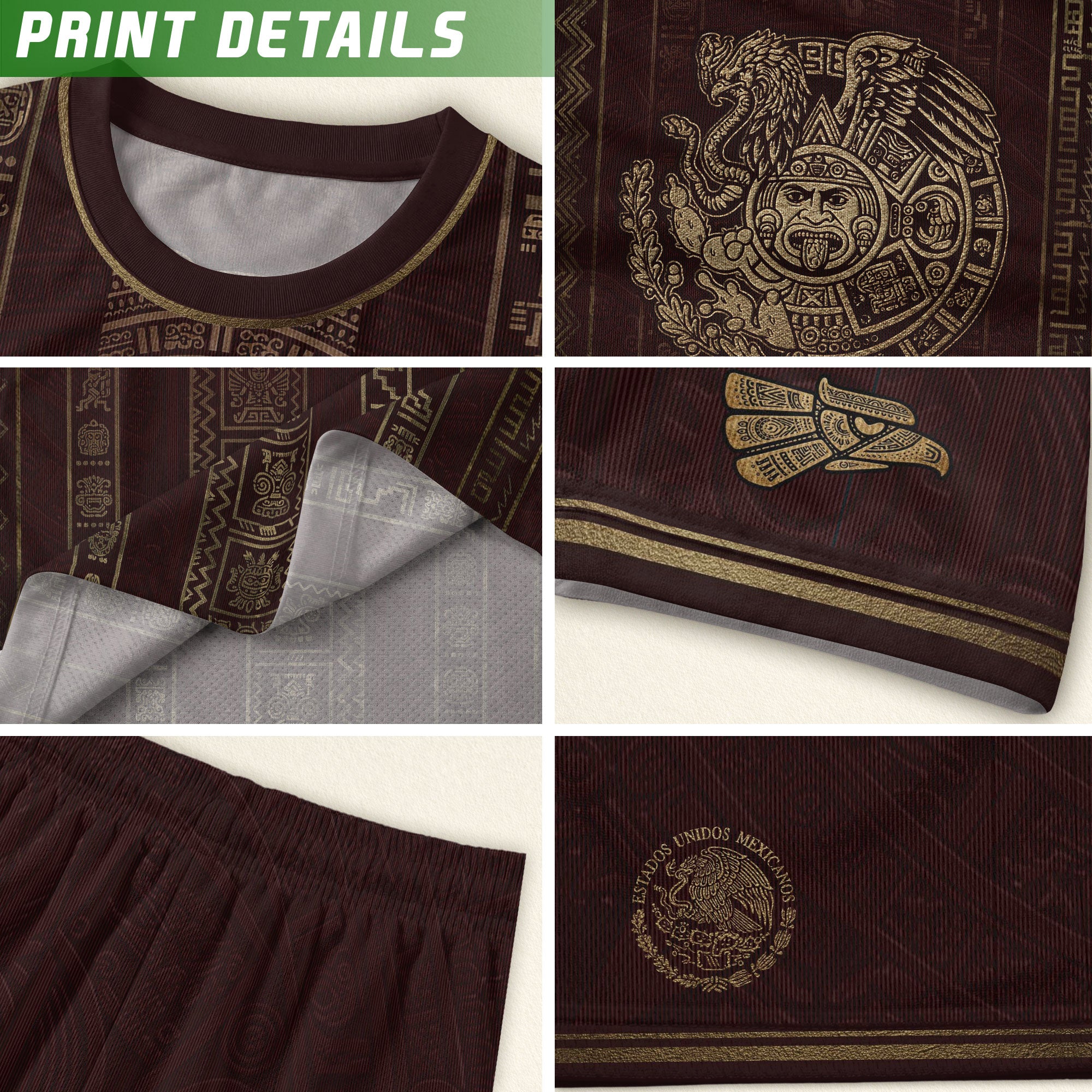 Camiseta de fútbol premium con emblema de águila azteca verde y dorado de México