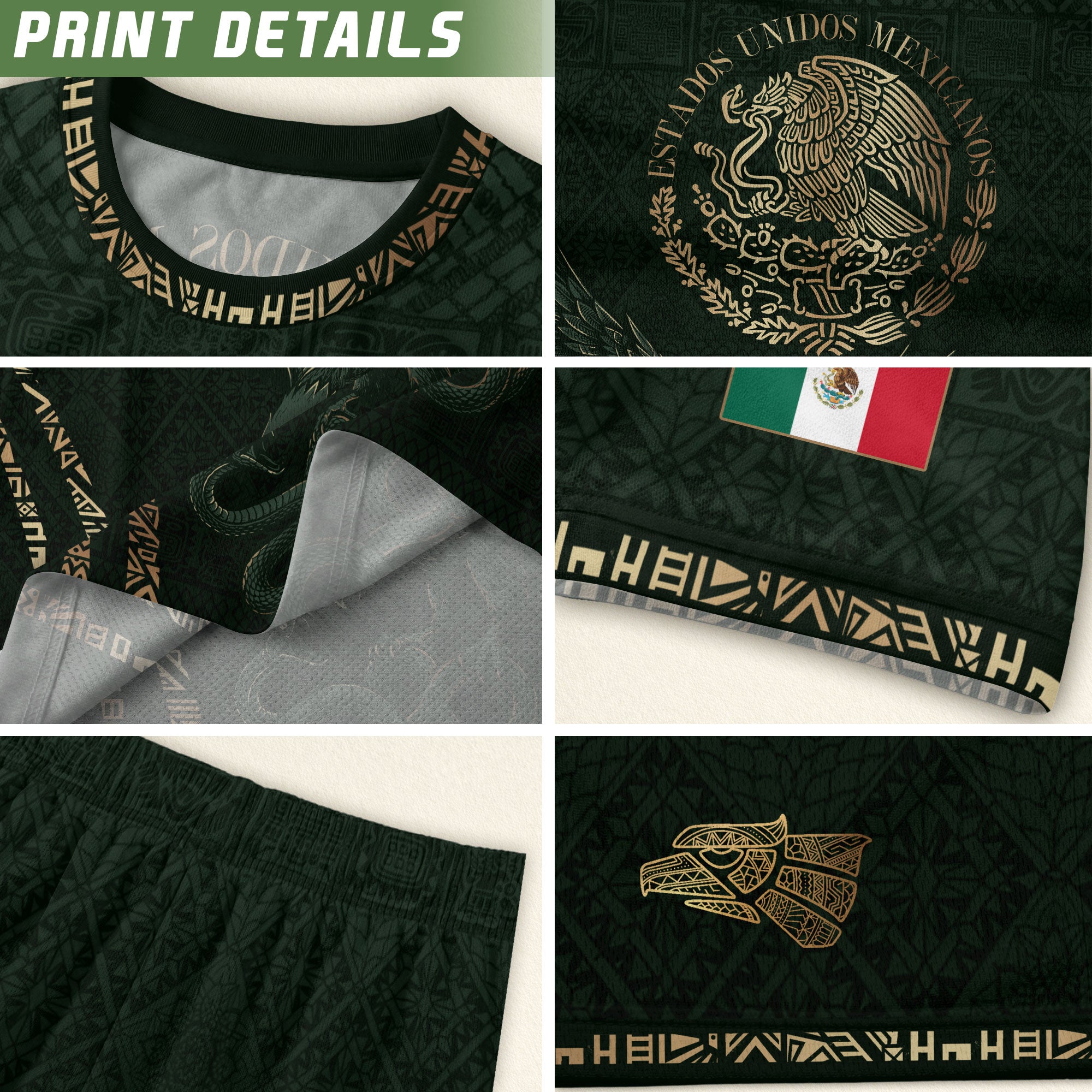 Camiseta de fútbol premium con emblema de águila azteca verde y dorado de México
