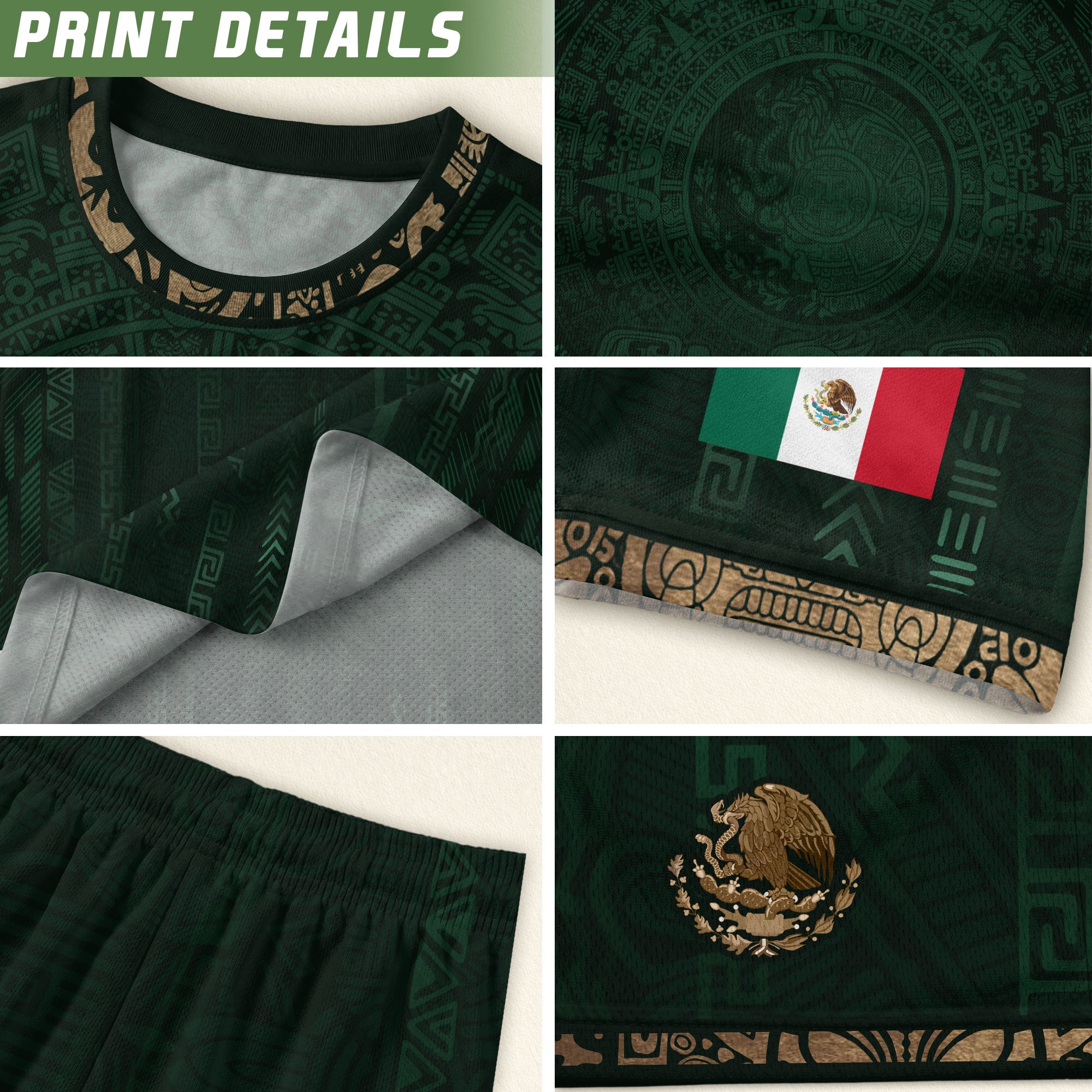 Camiseta de fútbol premium con emblema de águila azteca verde y dorado de México