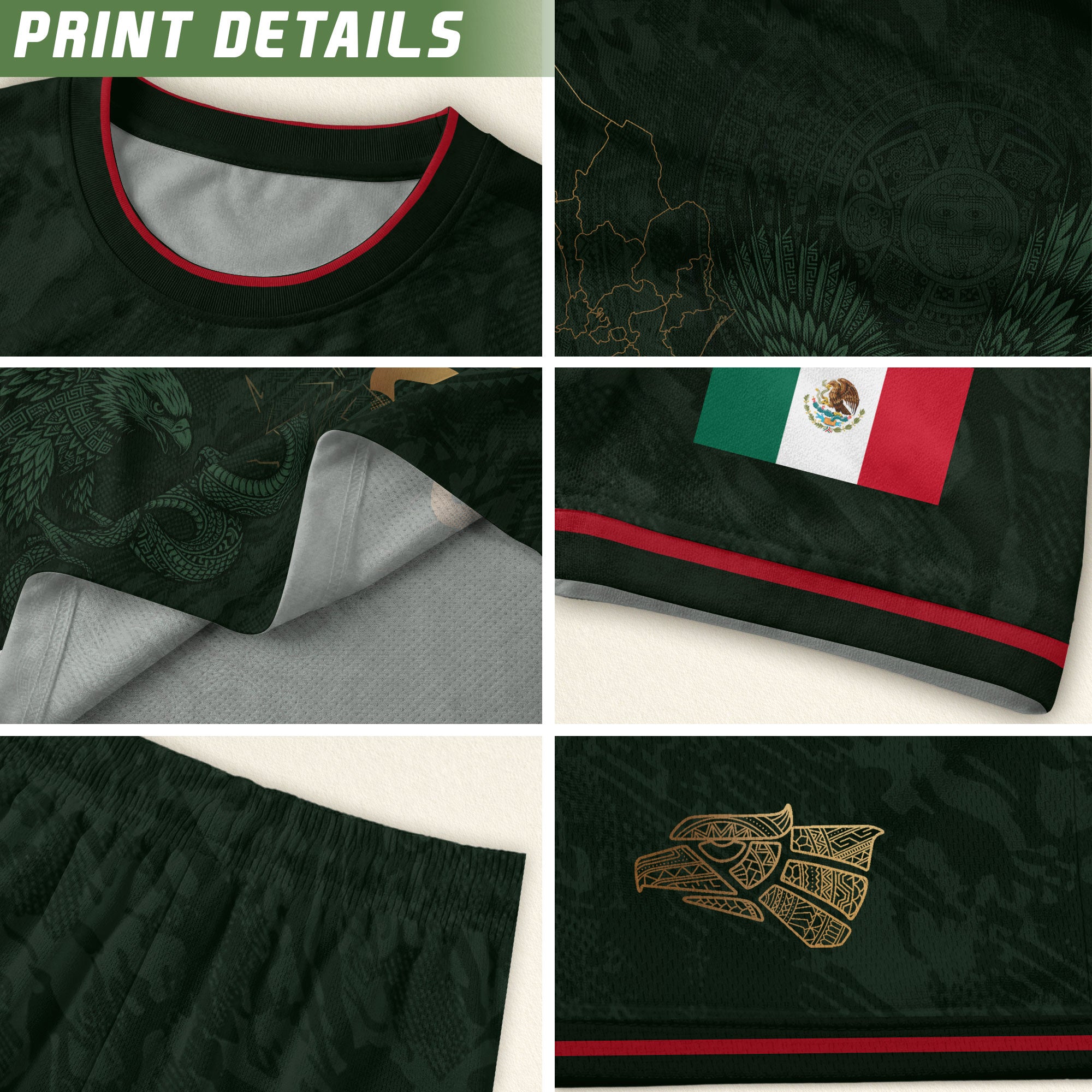 Camiseta de fútbol premium con emblema de águila azteca verde y dorado de México
