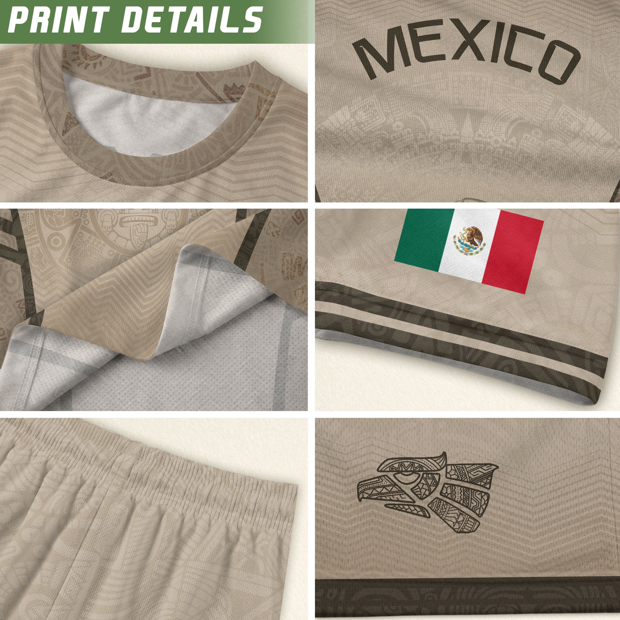 Camiseta de fútbol premium con emblema de águila azteca verde y dorado de México