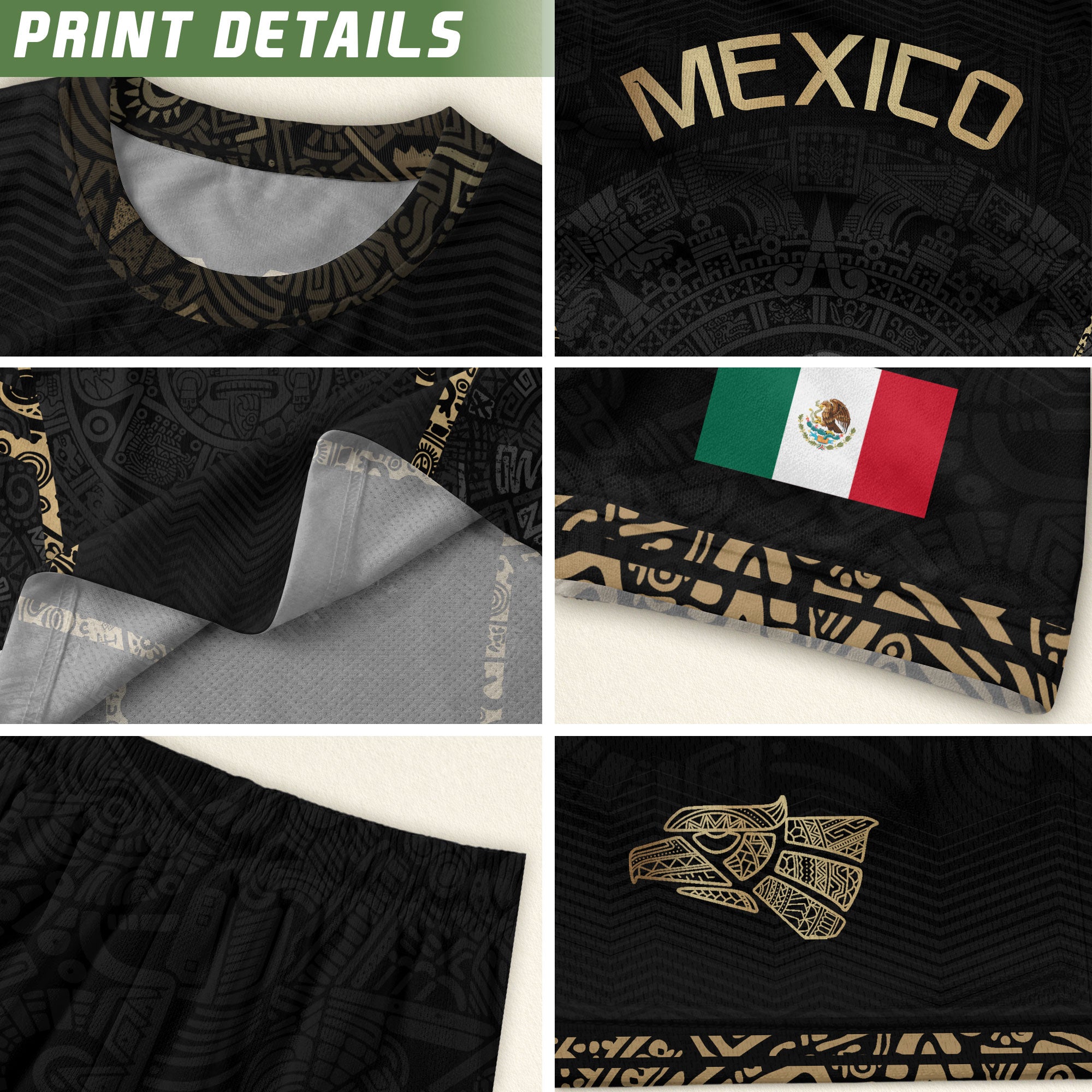 Camiseta de fútbol premium con emblema de águila azteca verde y dorado de México