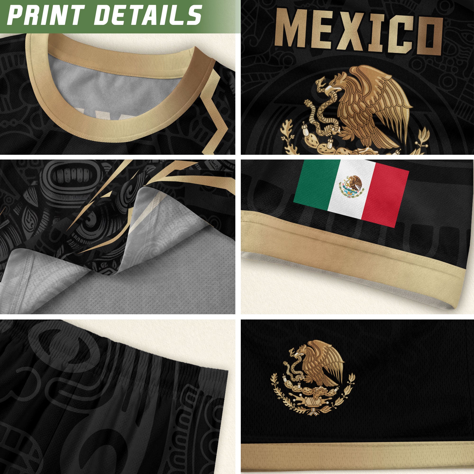 Camiseta de fútbol de la herencia del guerrero azteca del águila dorada negra de México