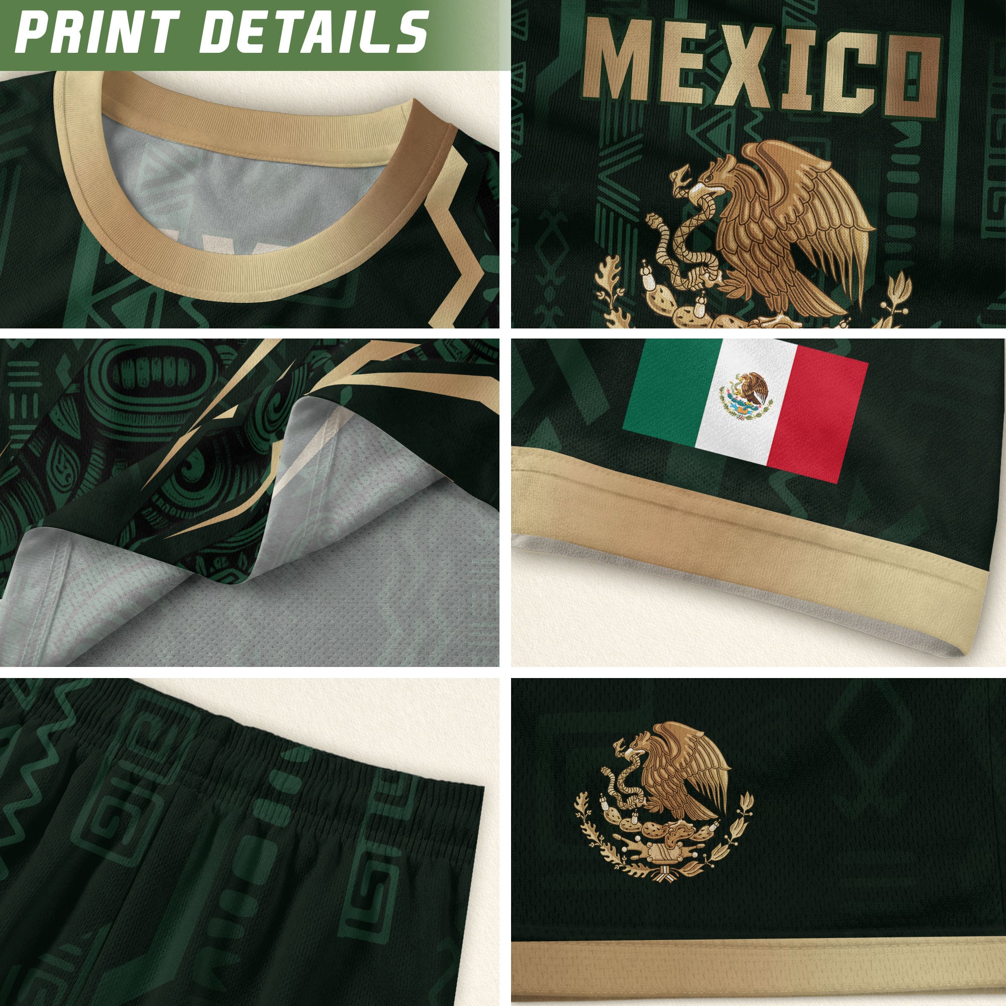 Camiseta de fútbol de la herencia del guerrero azteca del águila dorada negra de México