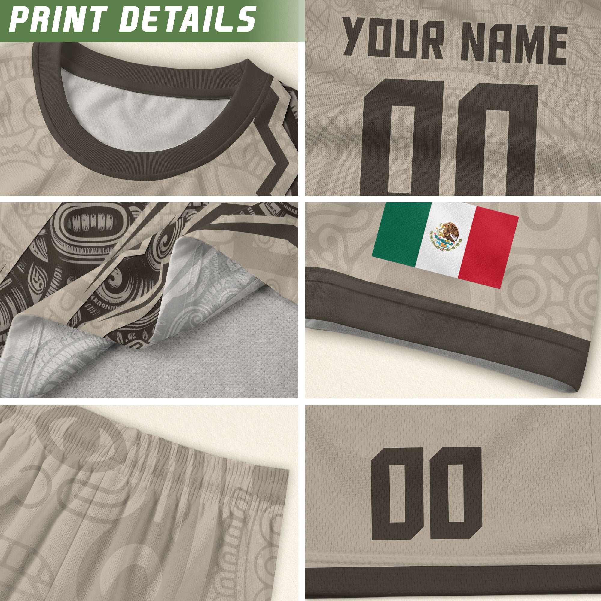 Custom Beige Mexico Soccer Jersey Aztec Eagle Heritage Gold Trim Mexican Football Shirt