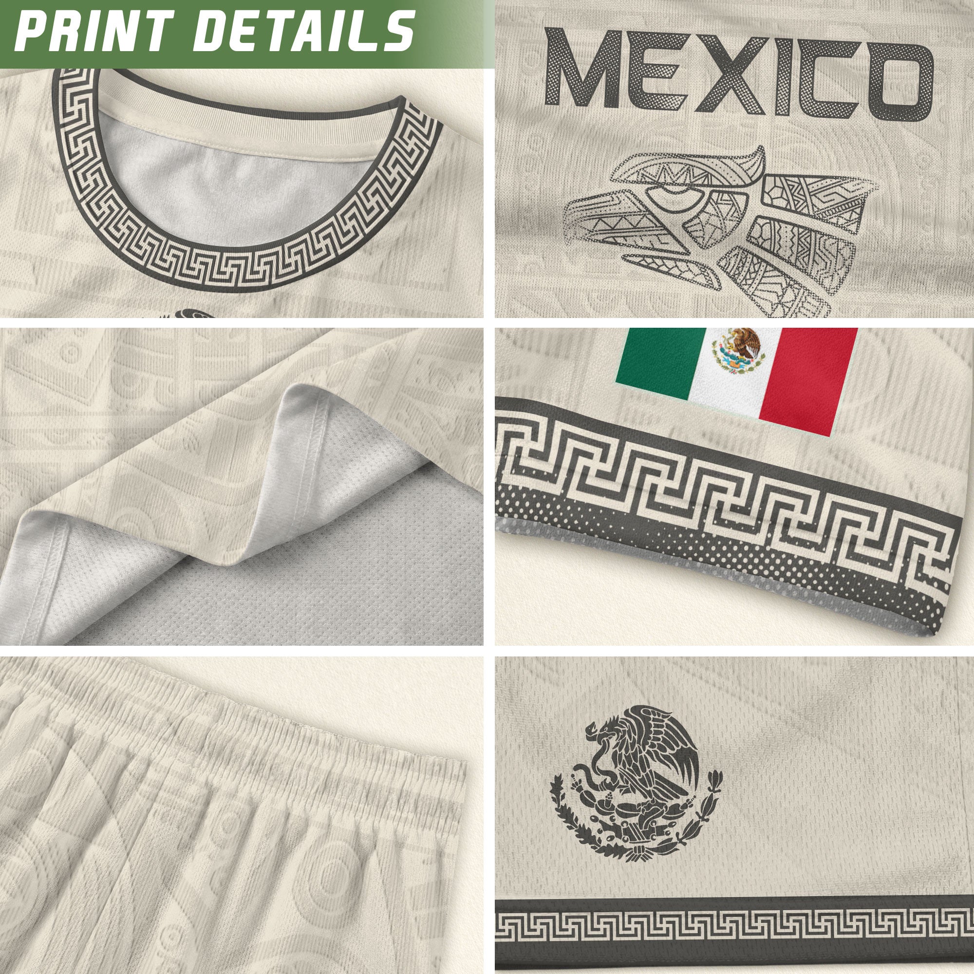 Camiseta de fútbol premium con emblema de águila azteca verde y dorado de México