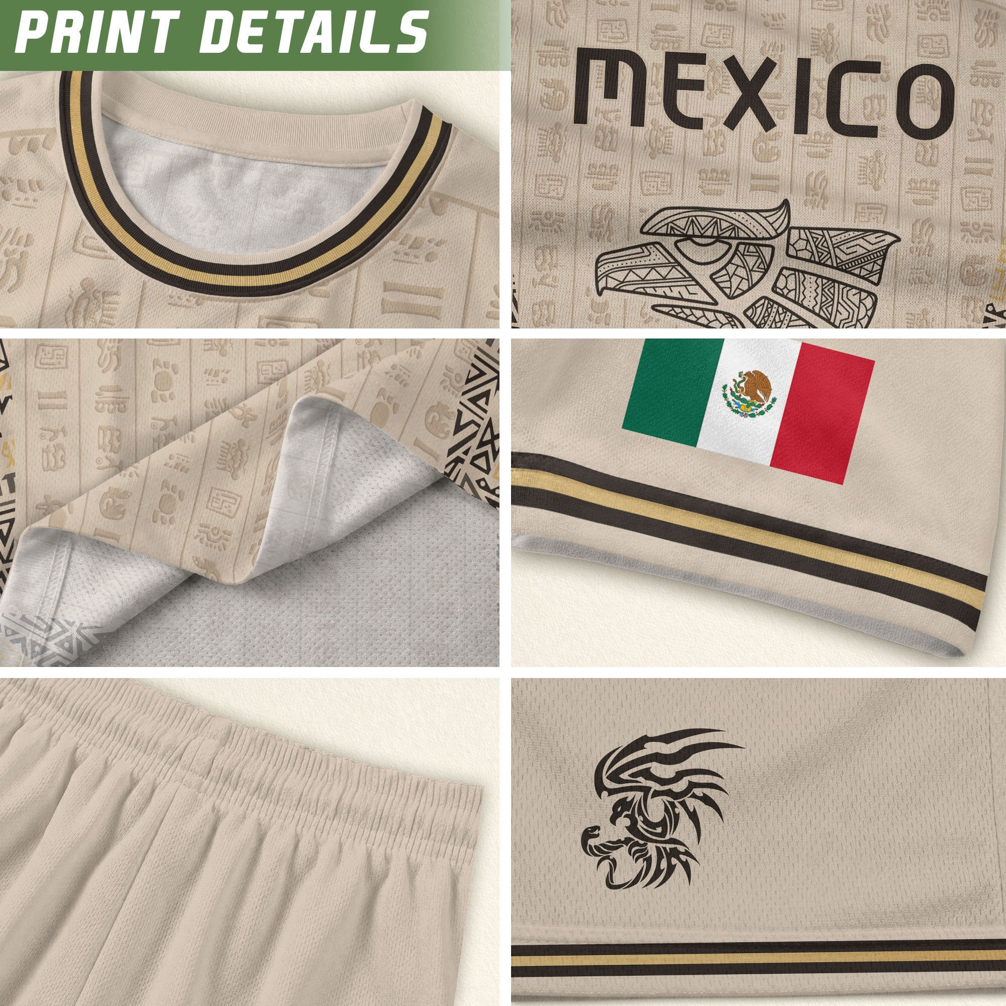 Camiseta de fútbol premium con emblema de águila azteca verde y dorado de México