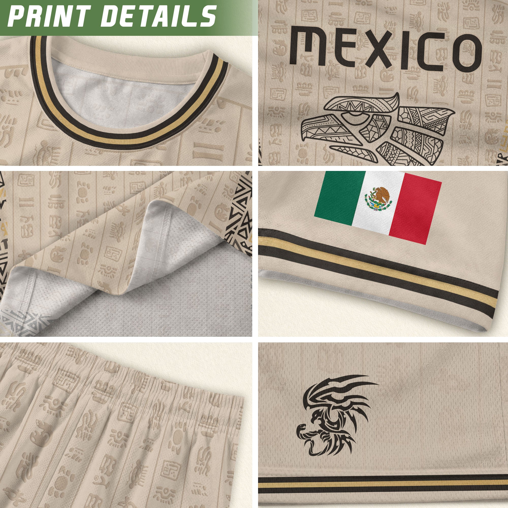 Camiseta de fútbol premium con emblema de águila azteca verde y dorado de México