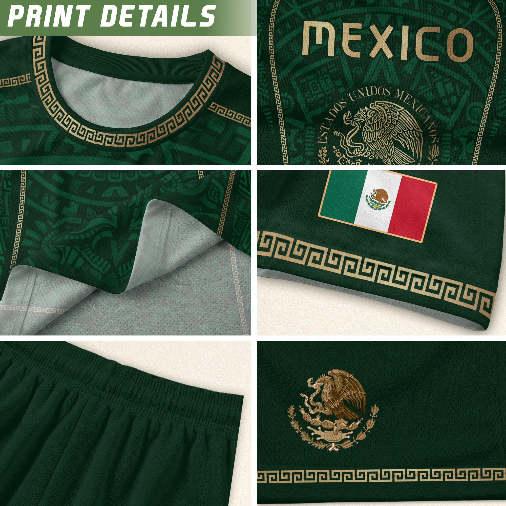 Camiseta de fútbol premium con emblema de águila azteca verde y dorado de México