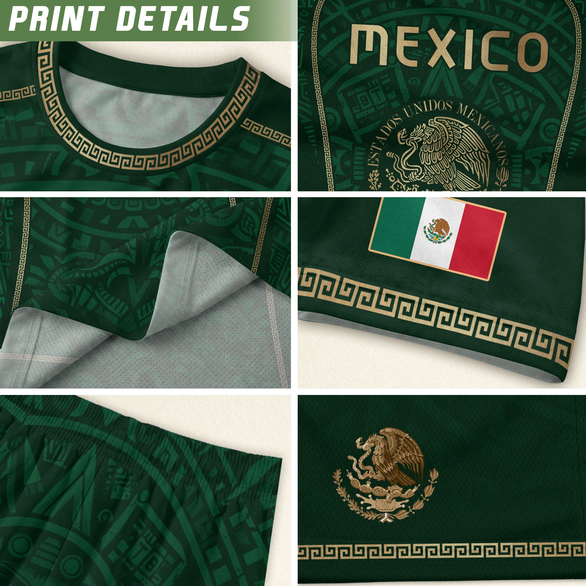Camiseta de fútbol premium con emblema de águila azteca verde y dorado de México