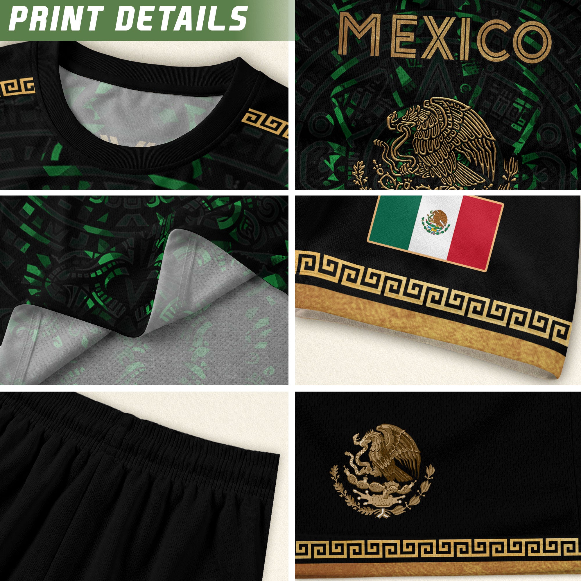 Camiseta de fútbol premium con emblema de águila azteca verde y dorado de México