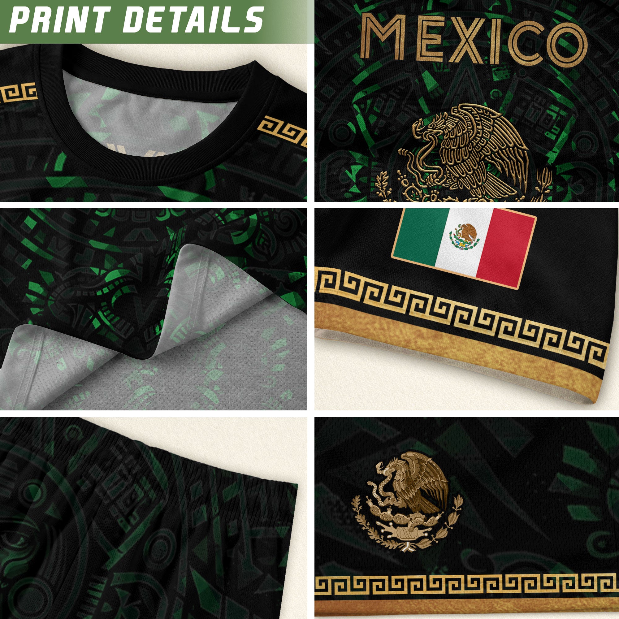 Camiseta de fútbol premium con emblema de águila azteca verde y dorado de México