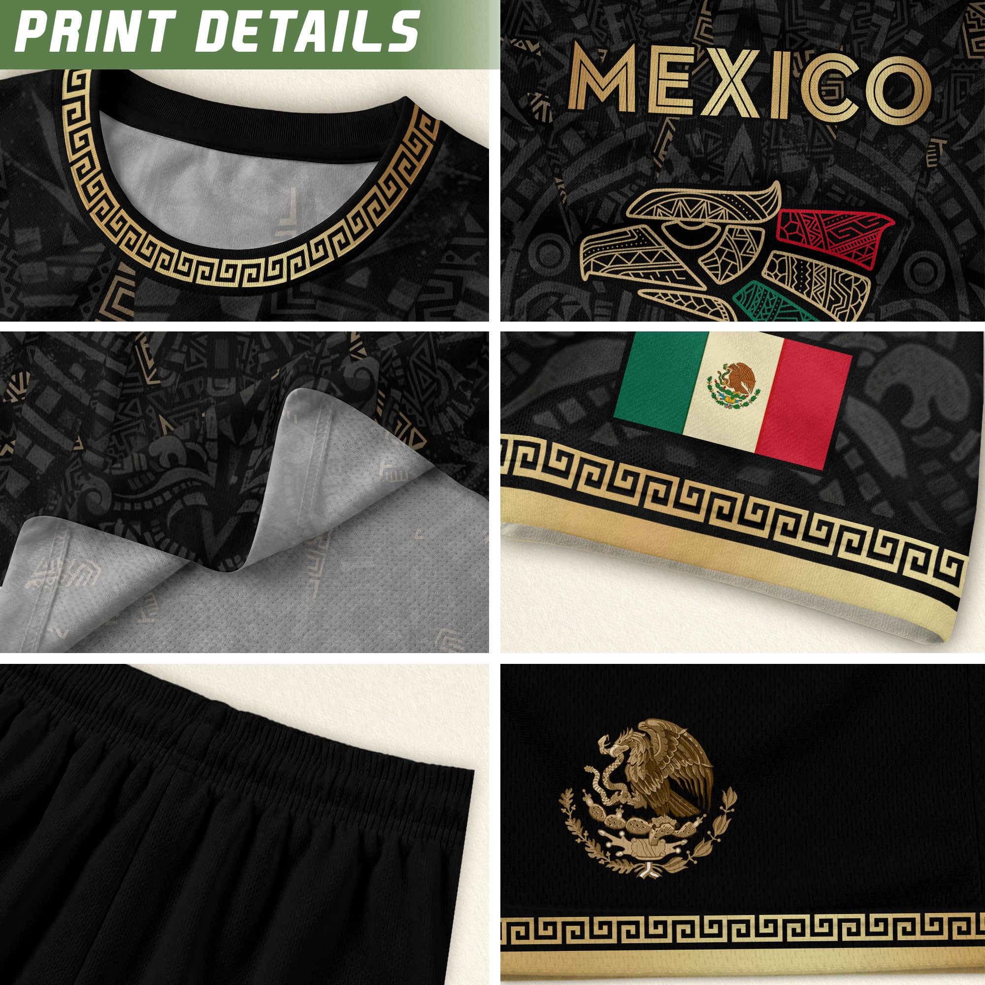 Camiseta de fútbol premium con emblema de águila azteca verde y dorado de México