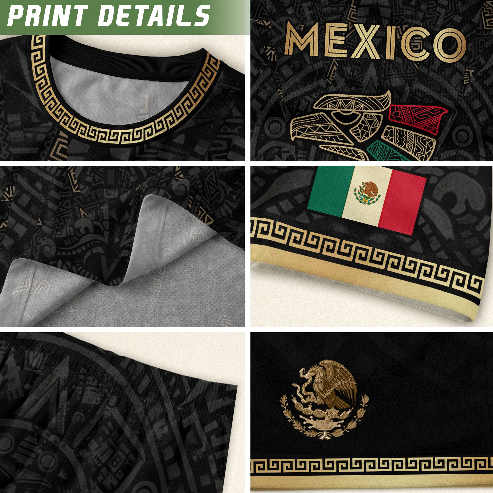 Camiseta de fútbol premium con emblema de águila azteca verde y dorado de México
