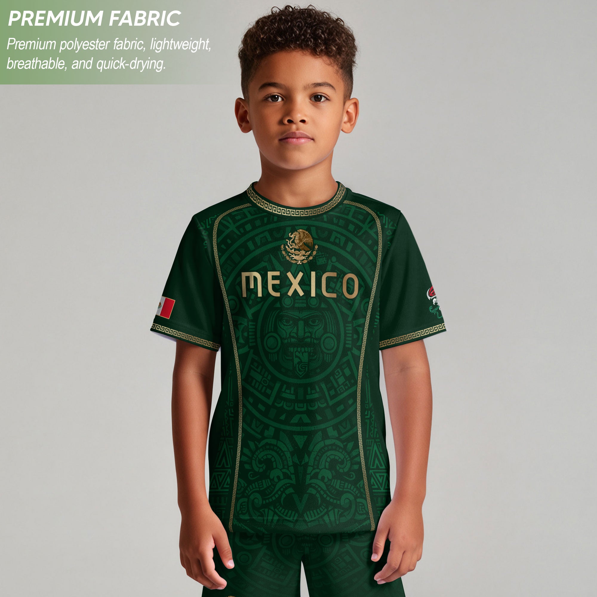 Camiseta de fútbol juvenil con estampado vertical del Águila Dorada Negra de México