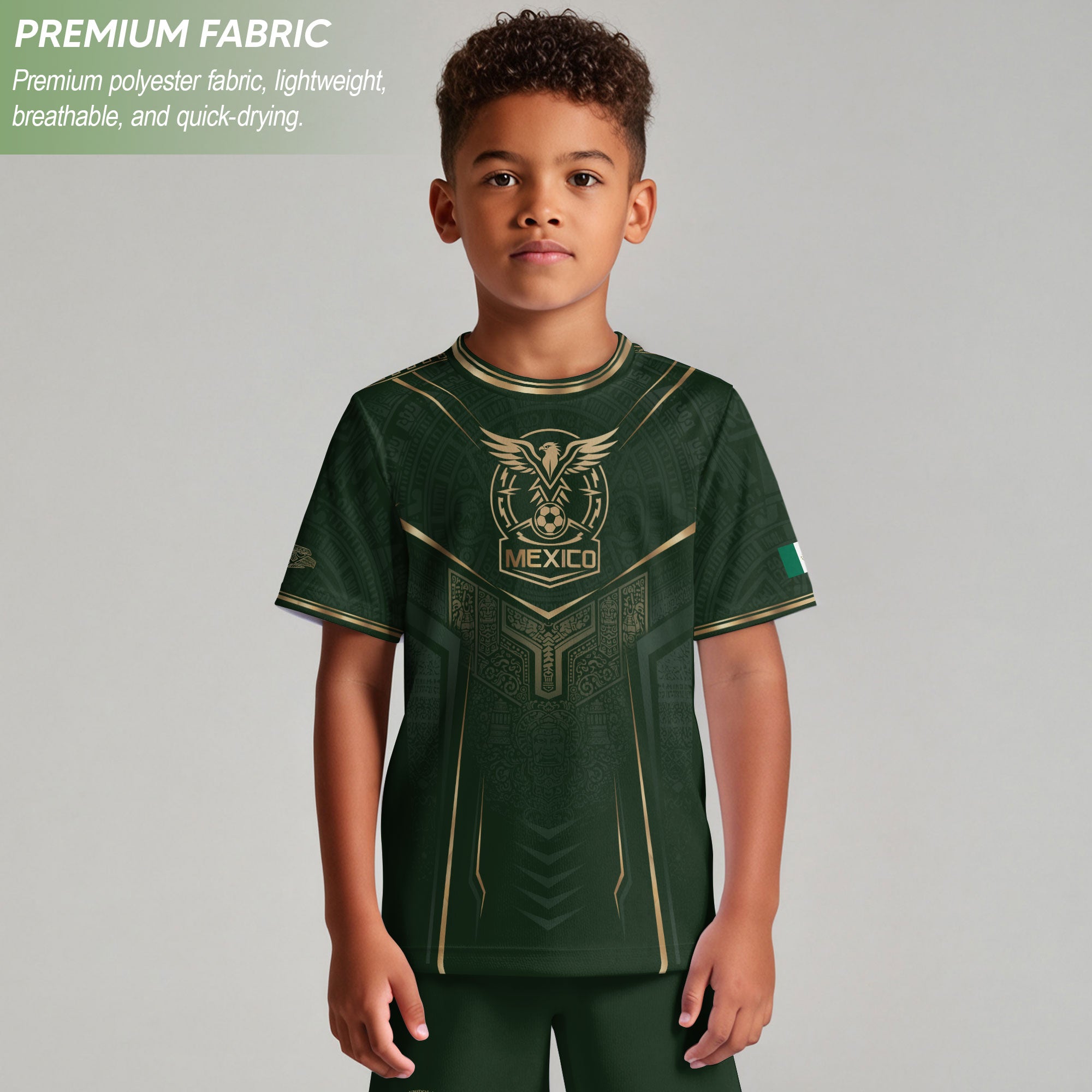 Mexico Soccer Jersey Youth Green Gold Eagle Shield Warrior Culture Print Football Shirt