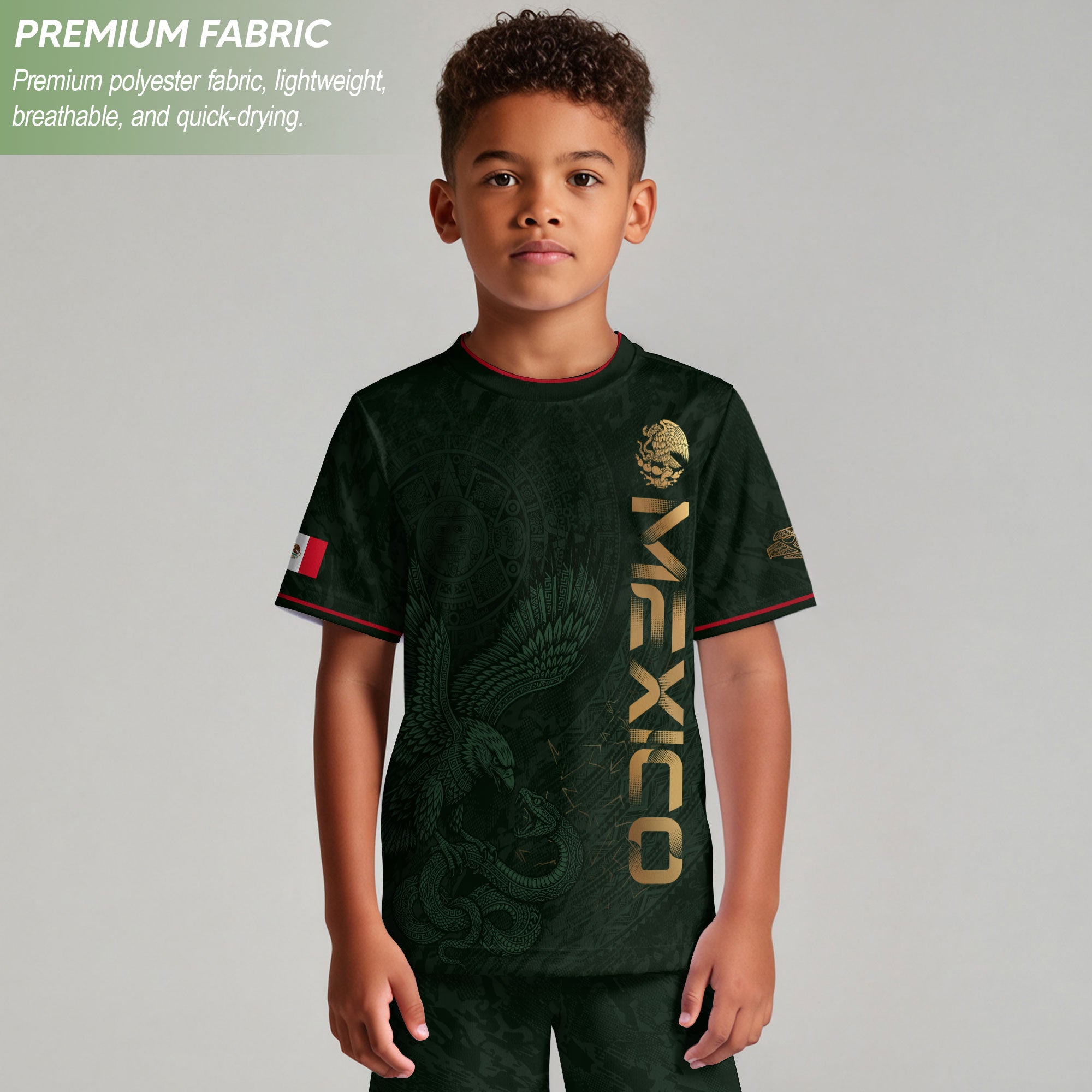 Mexico Kids Soccer Jersey Youth Green Gold Aztec Eagle Heritage Football Graphic Shirt