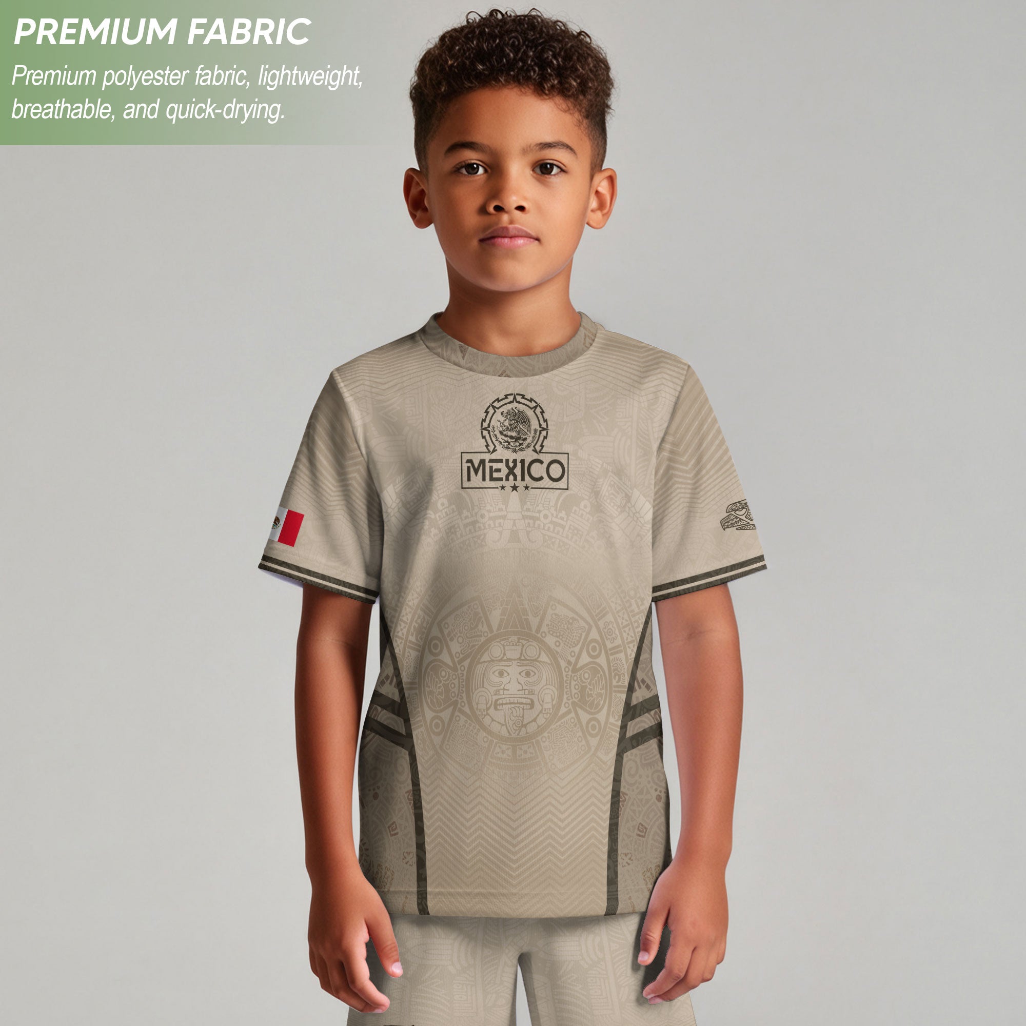 Mexico Kids Soccer Jersey Youth Beige Cream Aztec Calendar Eagle Heritage Football Shirt