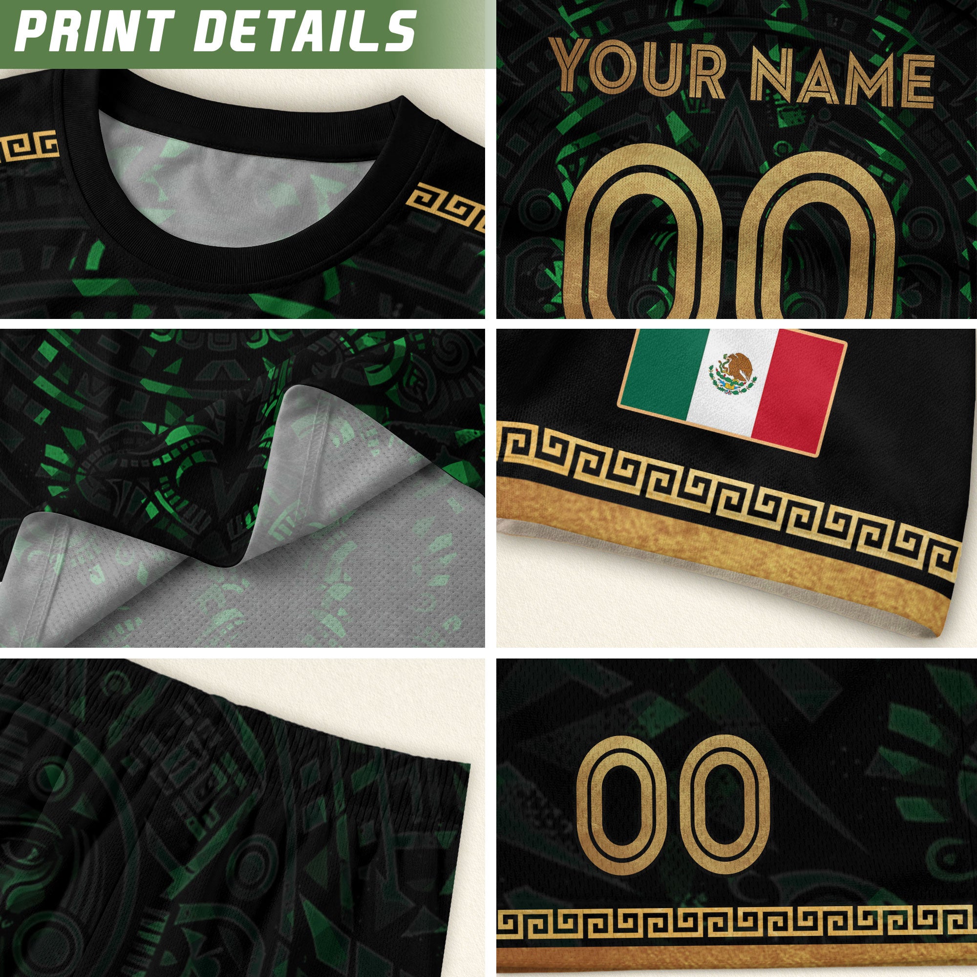 Camiseta de fútbol premium con emblema de águila azteca verde y dorado de México
