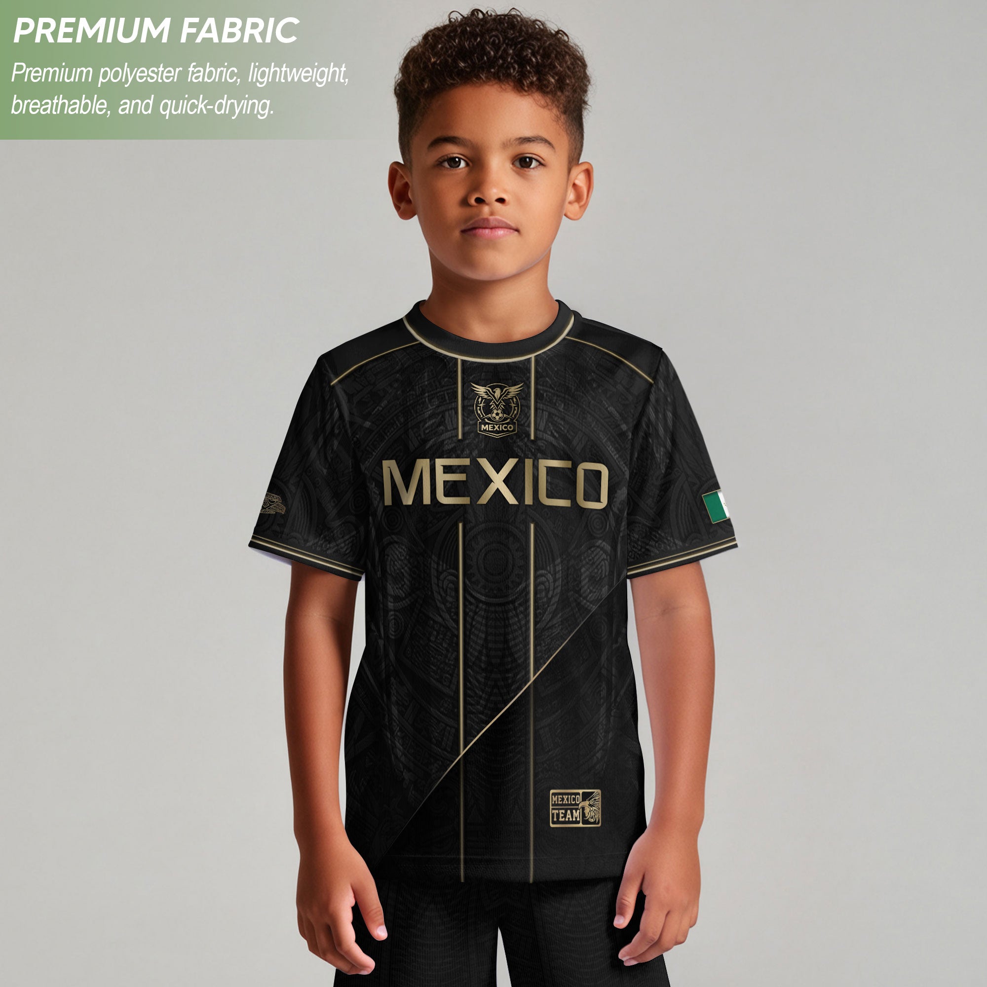 Camiseta de fútbol juvenil con estampado vertical del Águila Dorada Negra de México