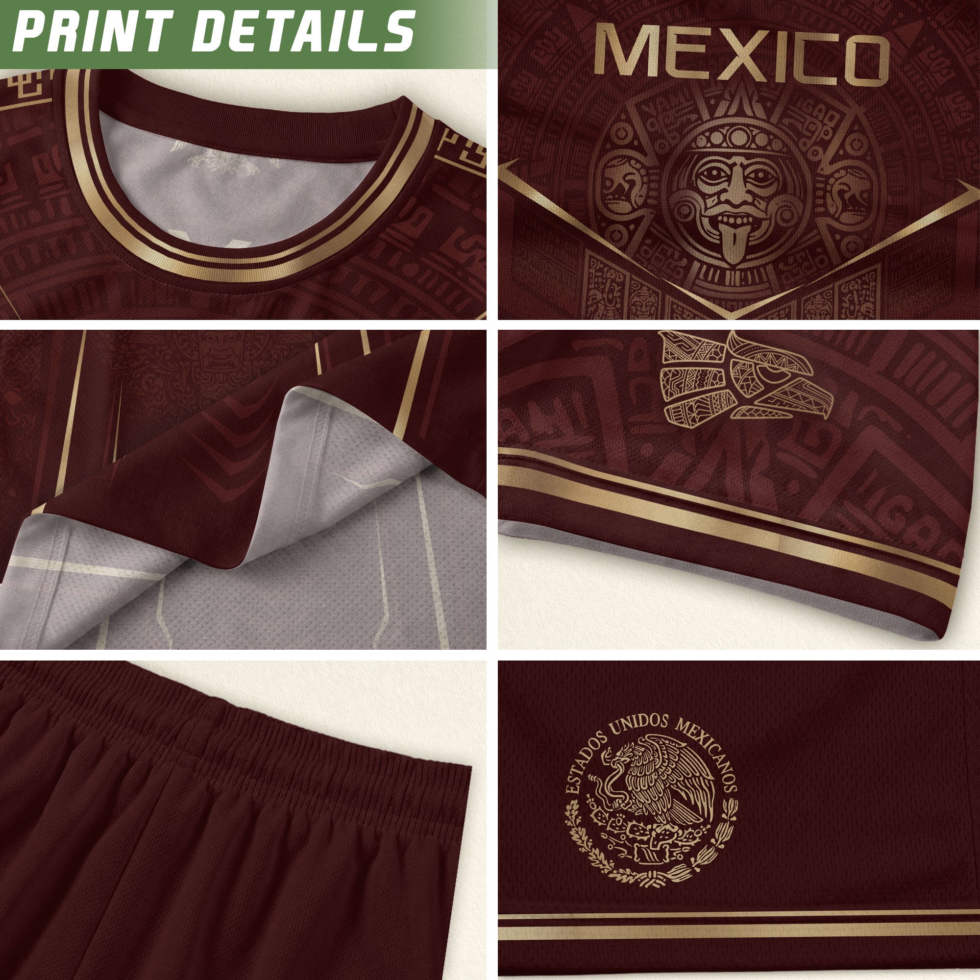 Camiseta de fútbol premium con emblema de águila azteca verde y dorado de México