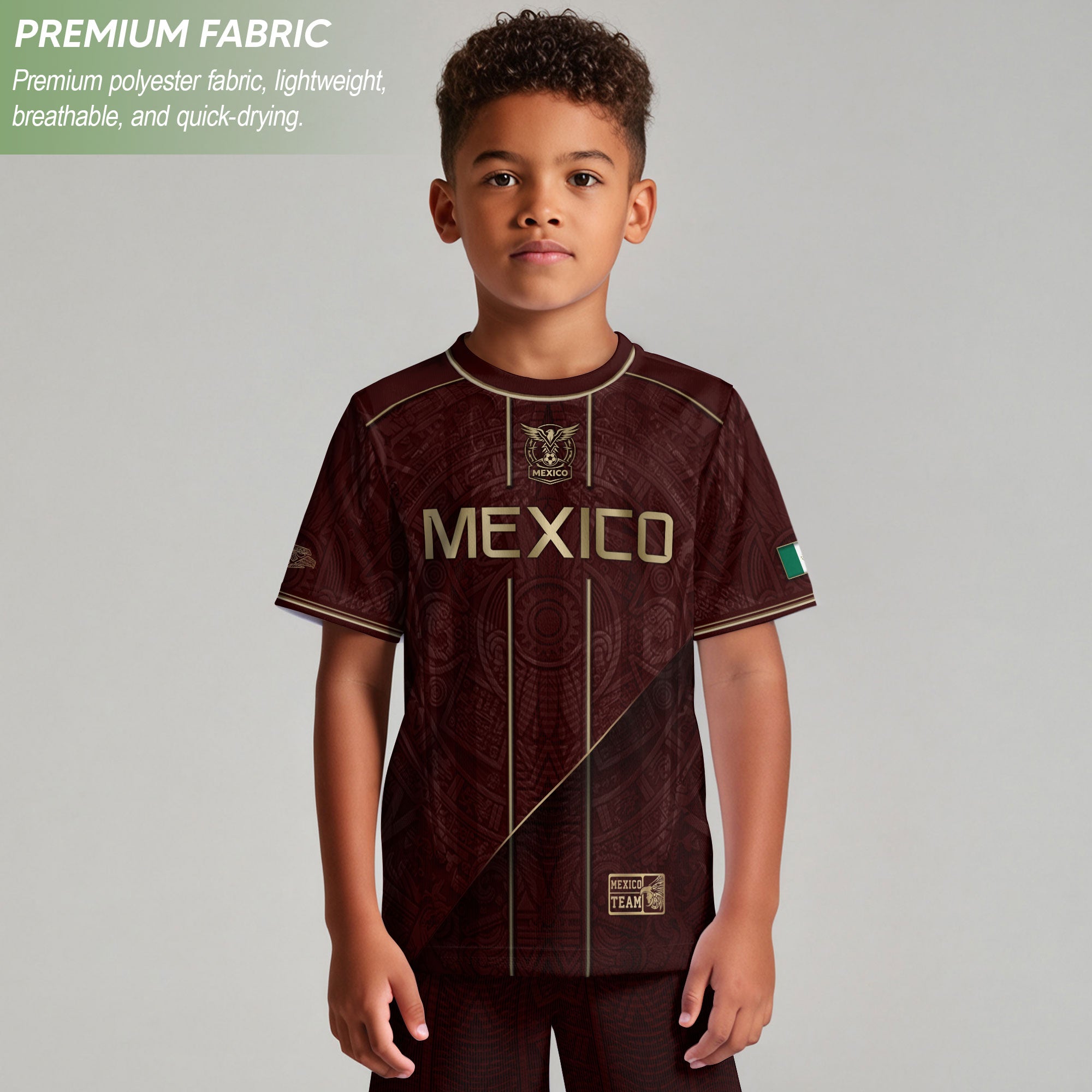 Camiseta de fútbol juvenil con estampado vertical del Águila Dorada Negra de México